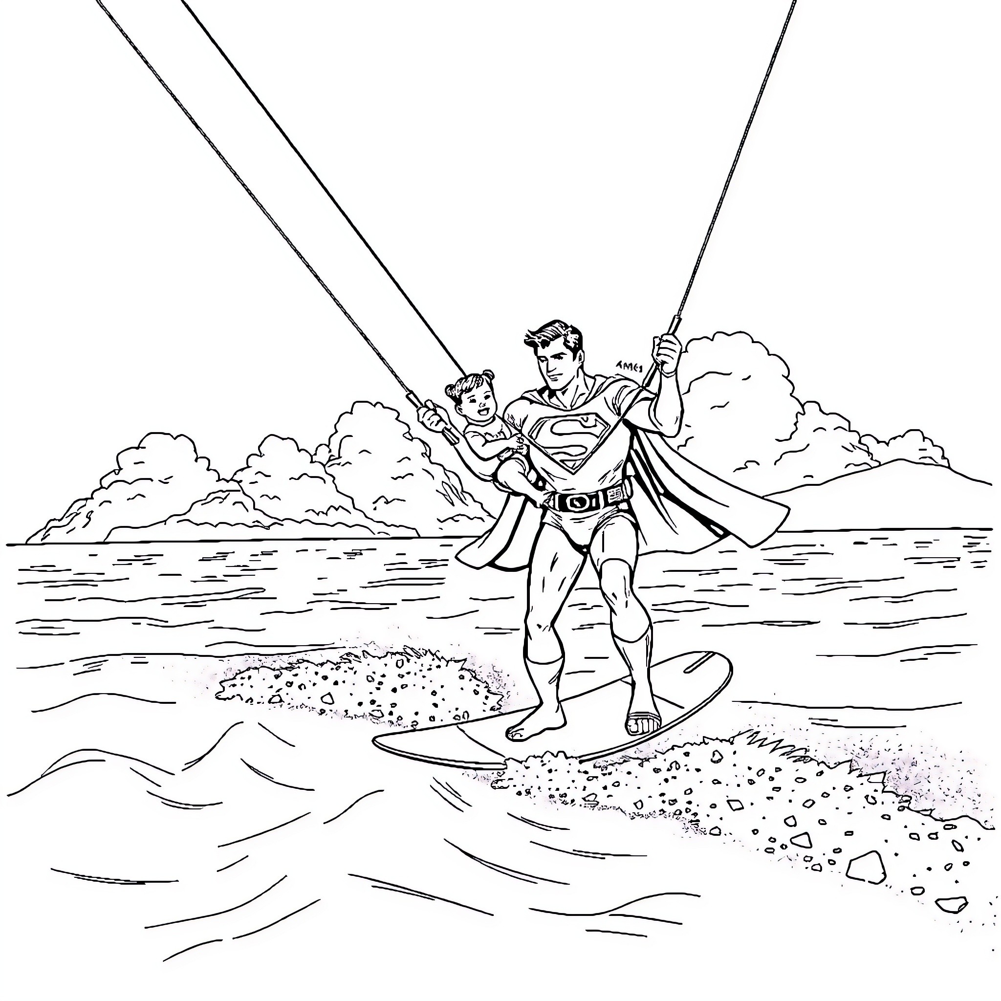 Superman surfing over the waves with sidekick Coloring Page (free black-and-white line drawing printable PDF for all, from beginners to advanced learners, including children, teens, adults, and seniors)