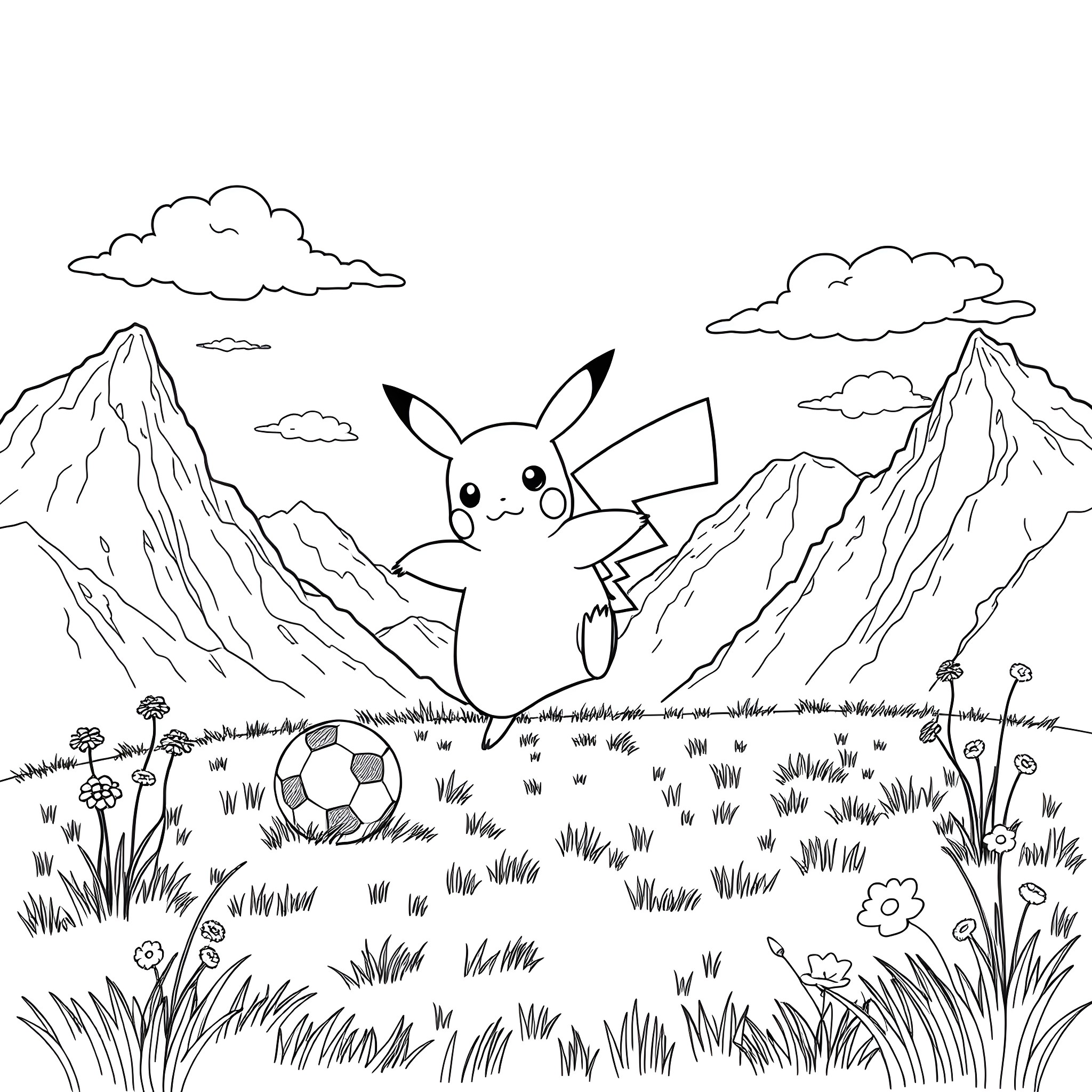 Pikachu playing with a soccer ball in the mountains Coloring Page (free black-and-white line drawing printable PDF for all, from beginners to advanced learners, including children, teens, adults, and seniors)