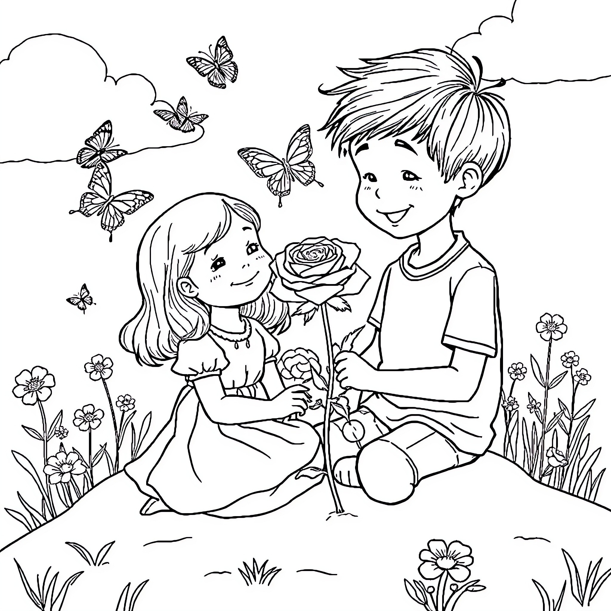 Girl and Boy Enjoying Nature and Flowers Coloring Page (free black-and-white line drawing printable PDF for all, from beginners to advanced learners, including children, teens, adults, and seniors)