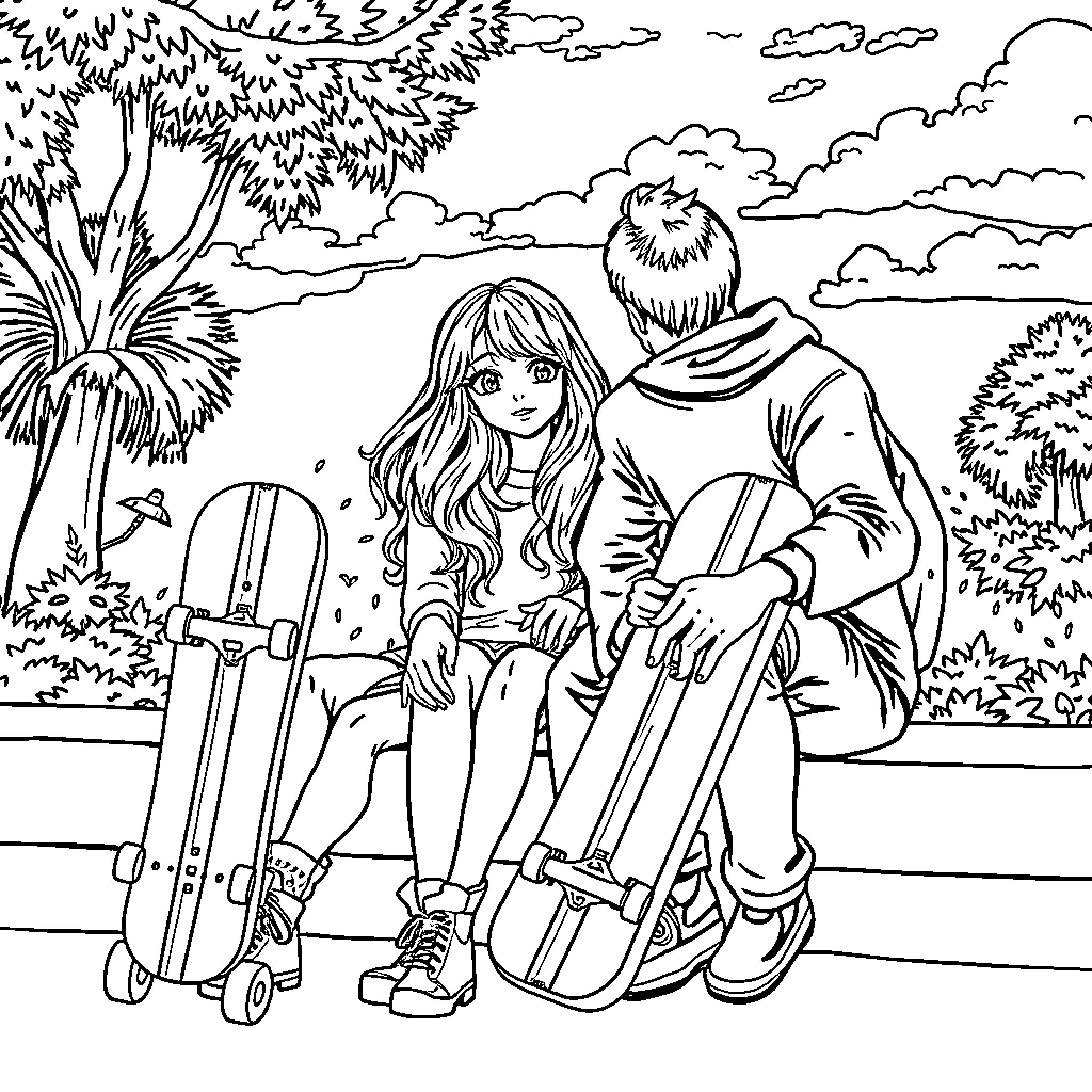 Skateboard Girl Enjoying Outdoor Adventure with Friend Coloring Page (free black-and-white line drawing printable PDF for all, from beginners to advanced learners, including children, teens, adults, and seniors)