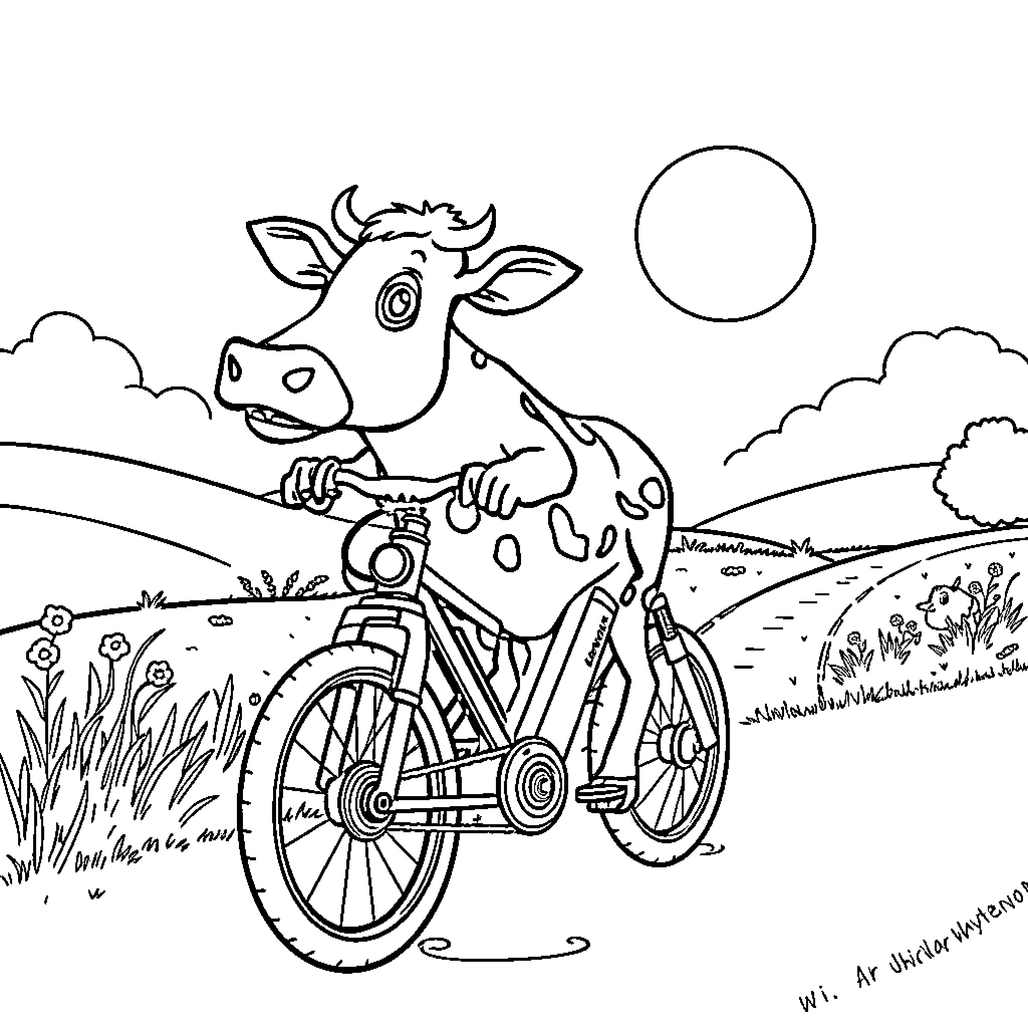 Cow riding a bicycle in a countryside setting Coloring Page (free black-and-white line drawing printable PDF for all, from beginners to advanced learners, including children, teens, adults, and seniors)