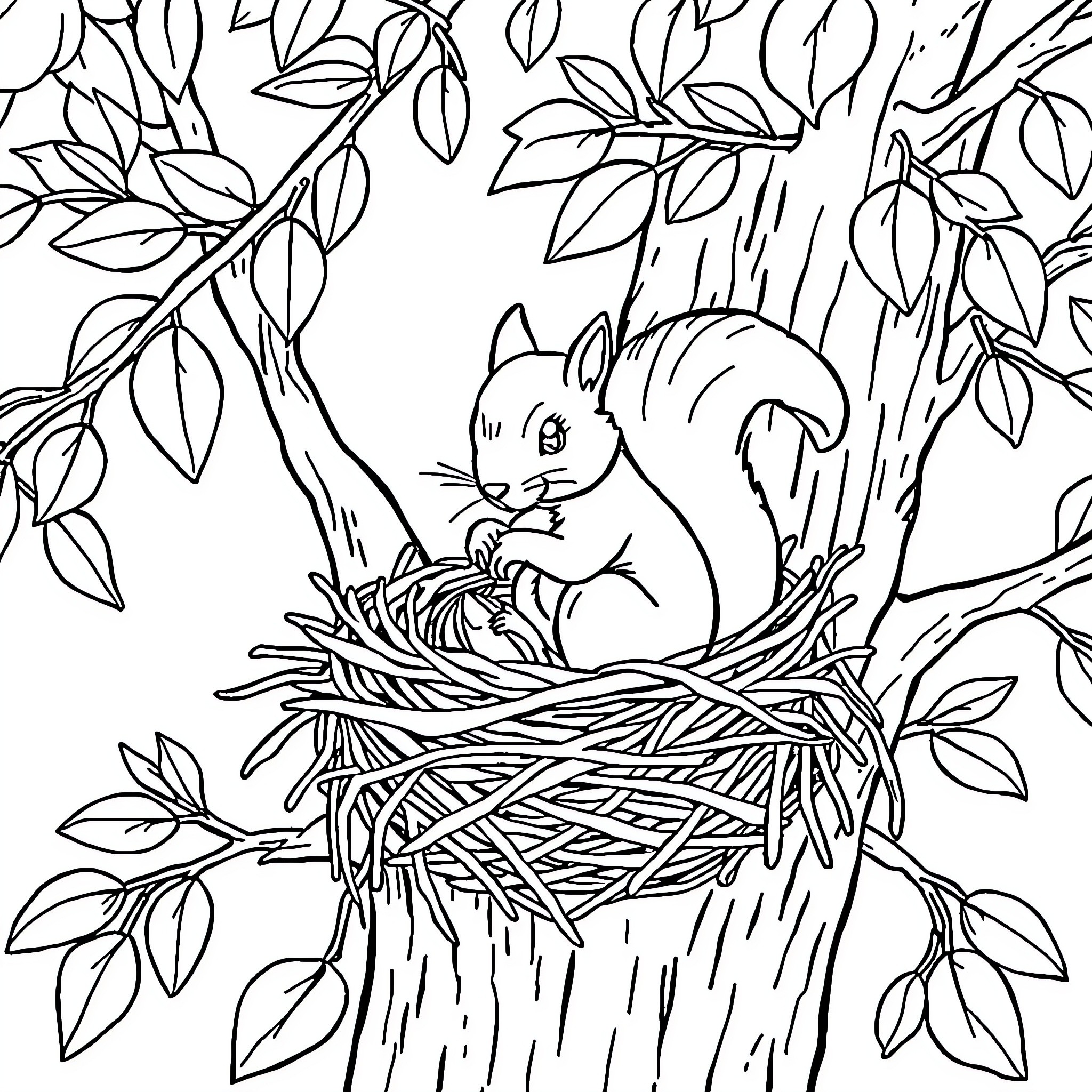Squirrel sitting in a nest with leaves Coloring Page (free black-and-white line drawing printable PDF for all, from beginners to advanced learners, including children, teens, adults, and seniors)