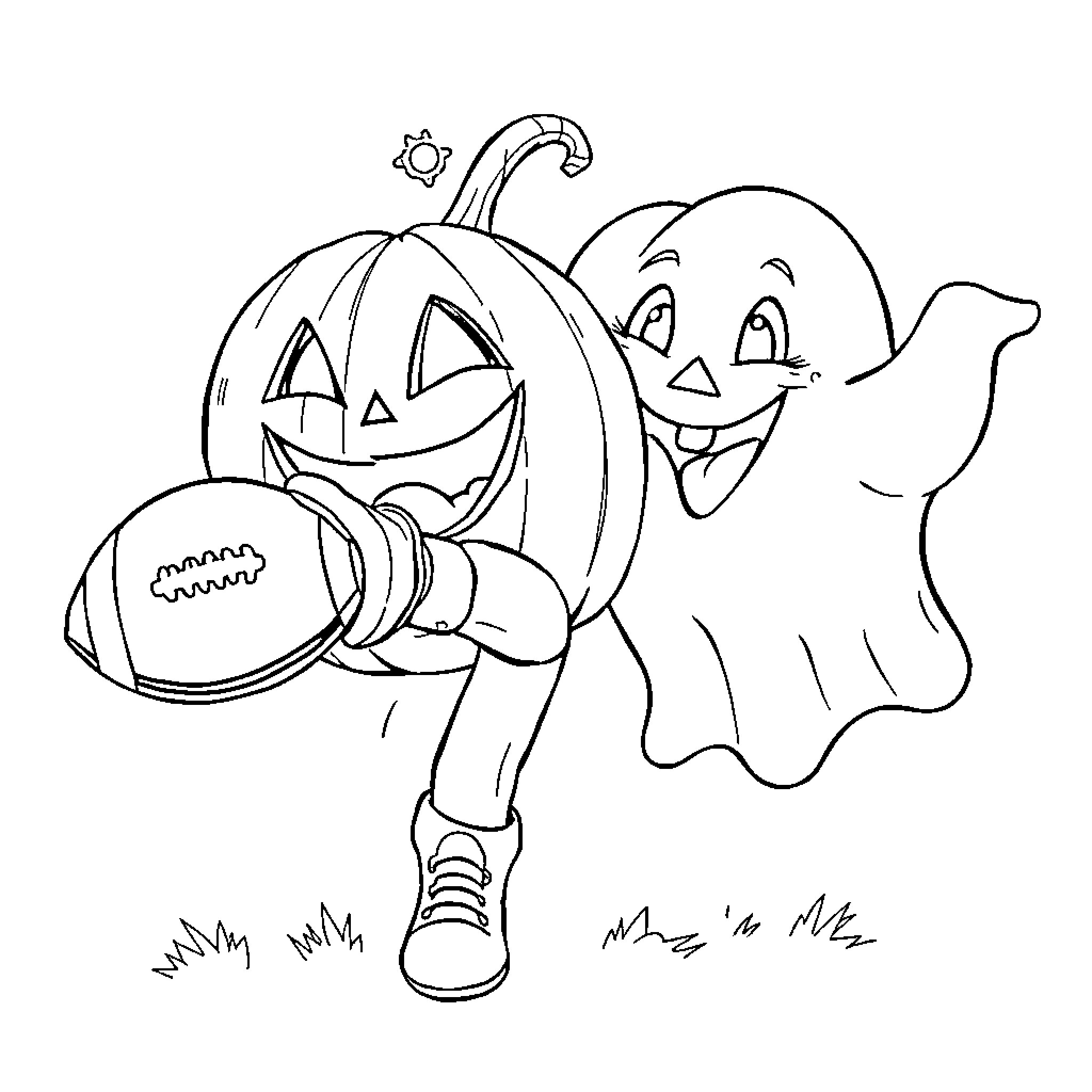 Pumpkin and Ghost Playing Football on Halloween Coloring Page (free black-and-white line drawing printable PDF for all, from beginners to advanced learners, including children, teens, adults, and seniors)