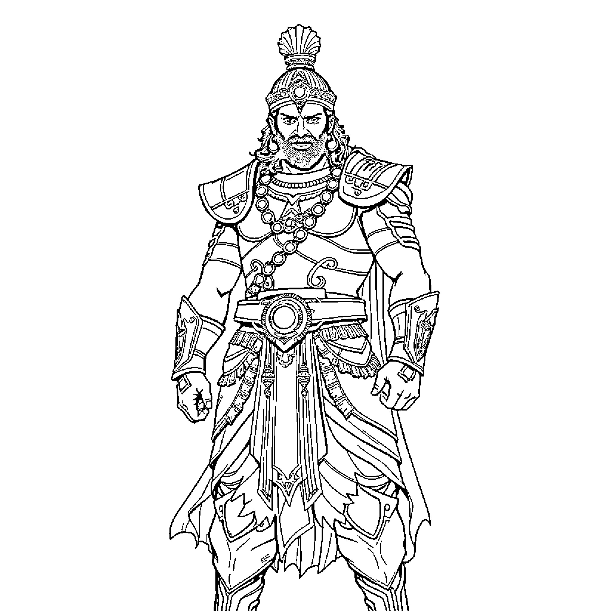 Bahubali in Regal Attire and Commanding Pose Coloring Page (free black-and-white line drawing printable PDF for all, from beginners to advanced learners, including children, teens, adults, and seniors)