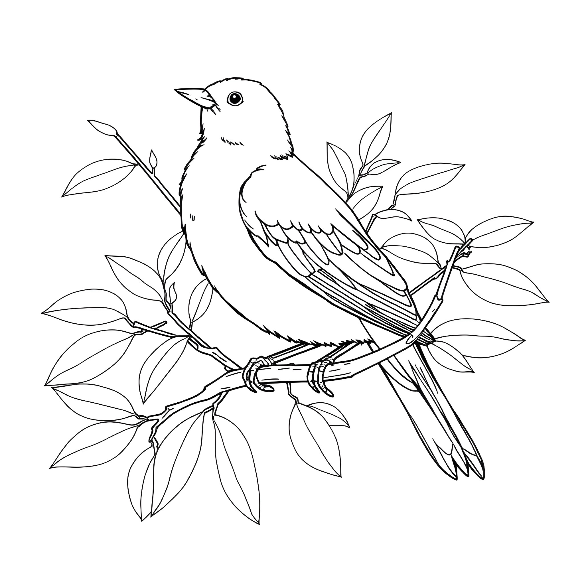 Canary perched on a leafy branch Coloring Page (free black-and-white line drawing printable PDF for all, from beginners to advanced learners, including children, teens, adults, and seniors)