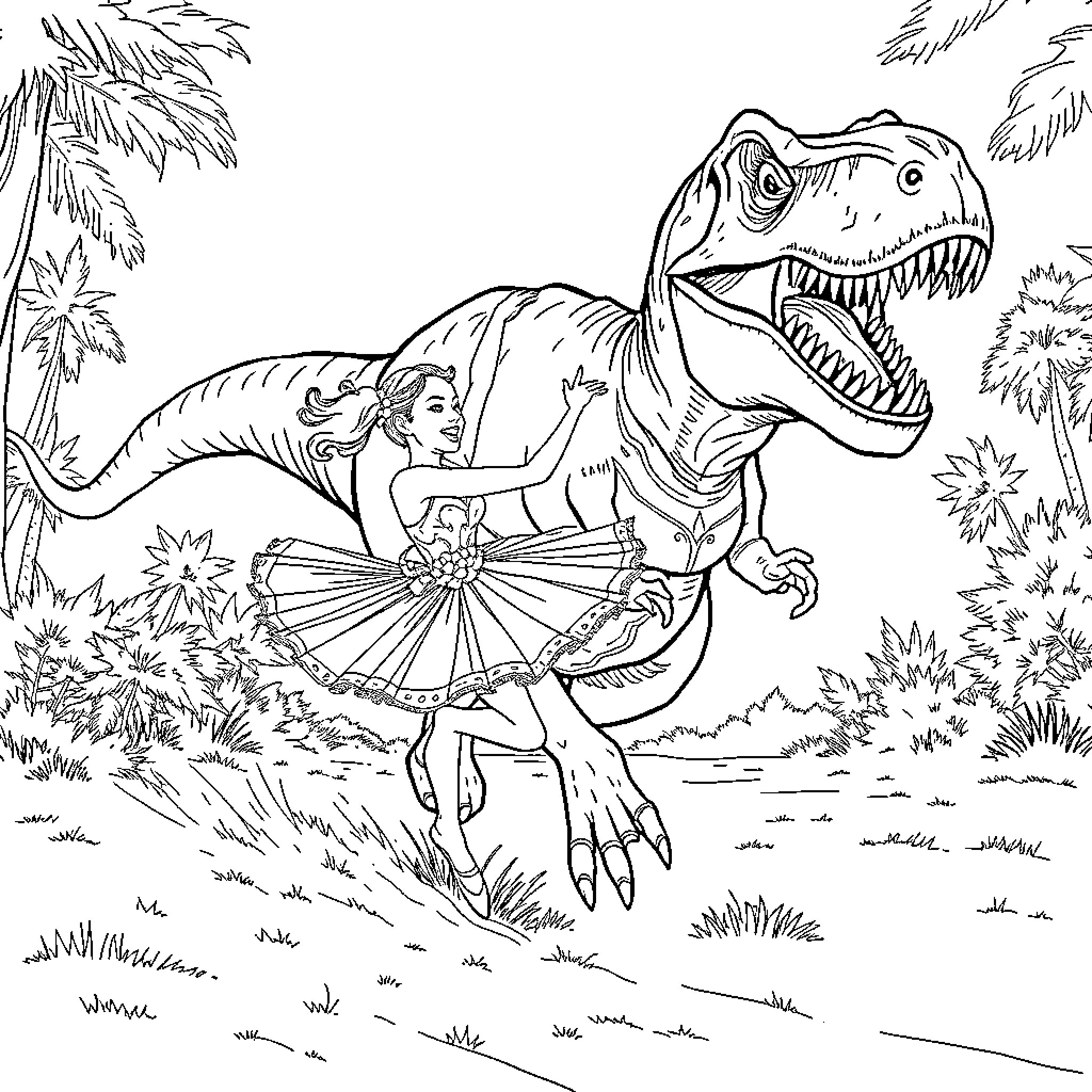 Ballerina riding a fierce dinosaur in the jungle Coloring Page (free black-and-white line drawing printable PDF for all, from beginners to advanced learners, including children, teens, adults, and seniors)