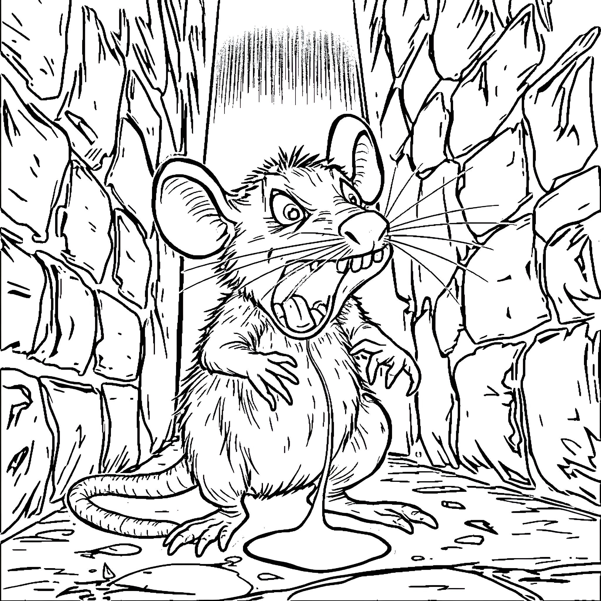 Rat screeching in the forest Coloring Page (free black-and-white line drawing printable PDF for all, from beginners to advanced learners, including children, teens, adults, and seniors)