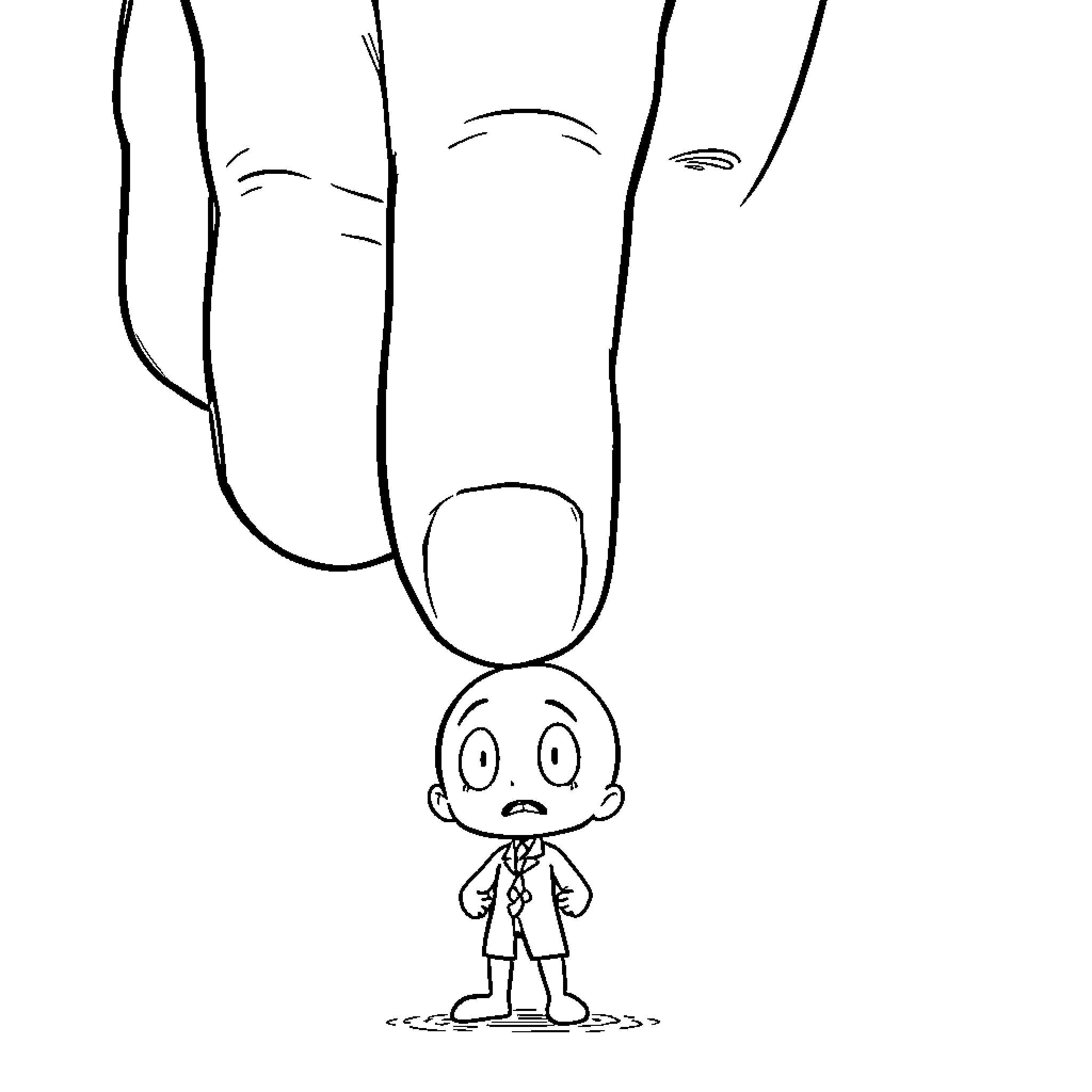 Finger holding tiny surprised figure Coloring Page (free black-and-white line drawing printable PDF for all, from beginners to advanced learners, including children, teens, adults, and seniors)