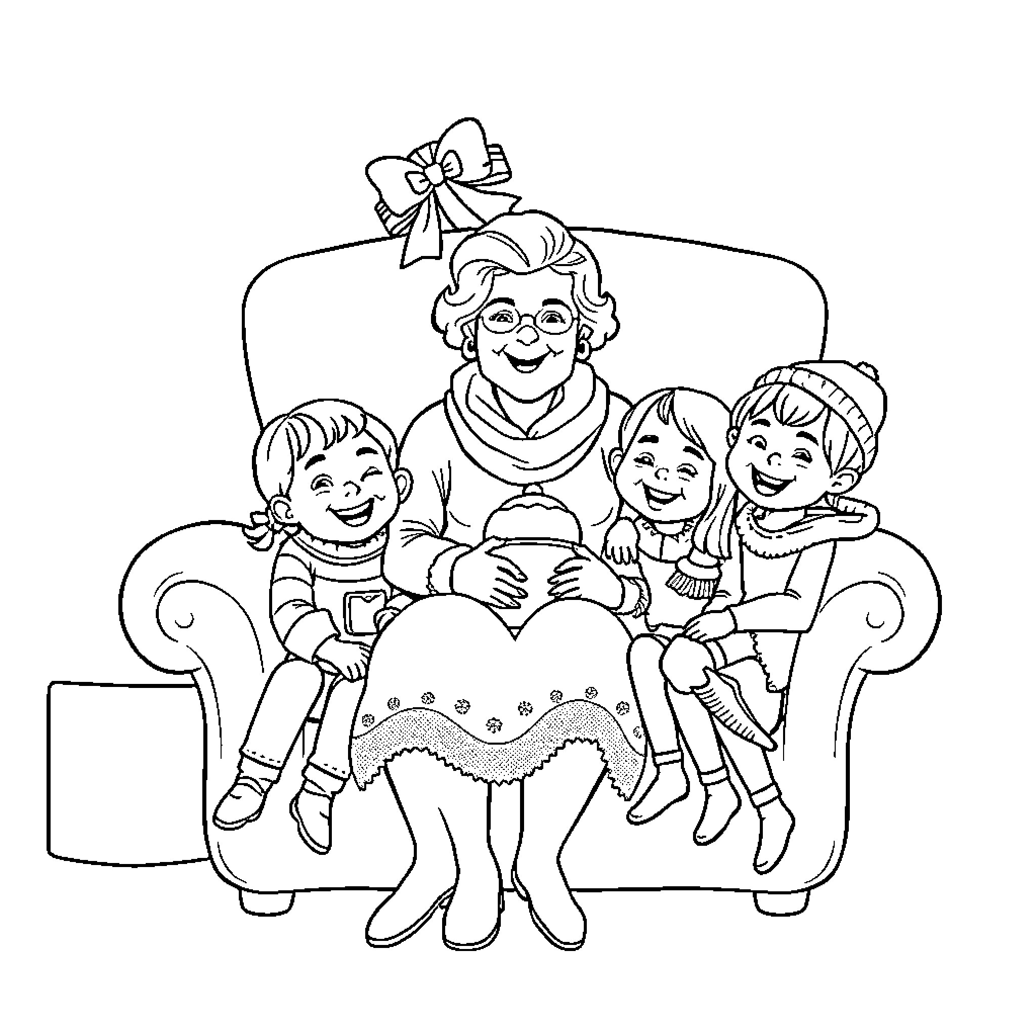 Grandma reading to happy children Coloring Page (free black-and-white line drawing printable PDF for all, from beginners to advanced learners, including children, teens, adults, and seniors)