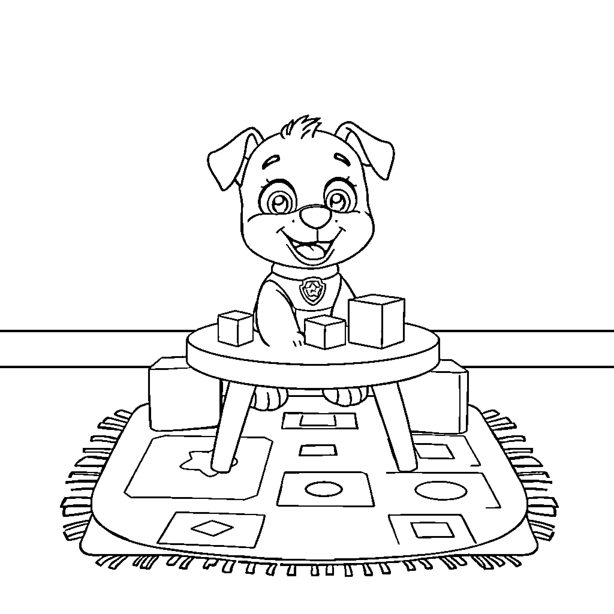 Rubble playing on colorful mat with toys Coloring Page (free black-and-white line drawing printable PDF for all, from beginners to advanced learners, including children, teens, adults, and seniors)