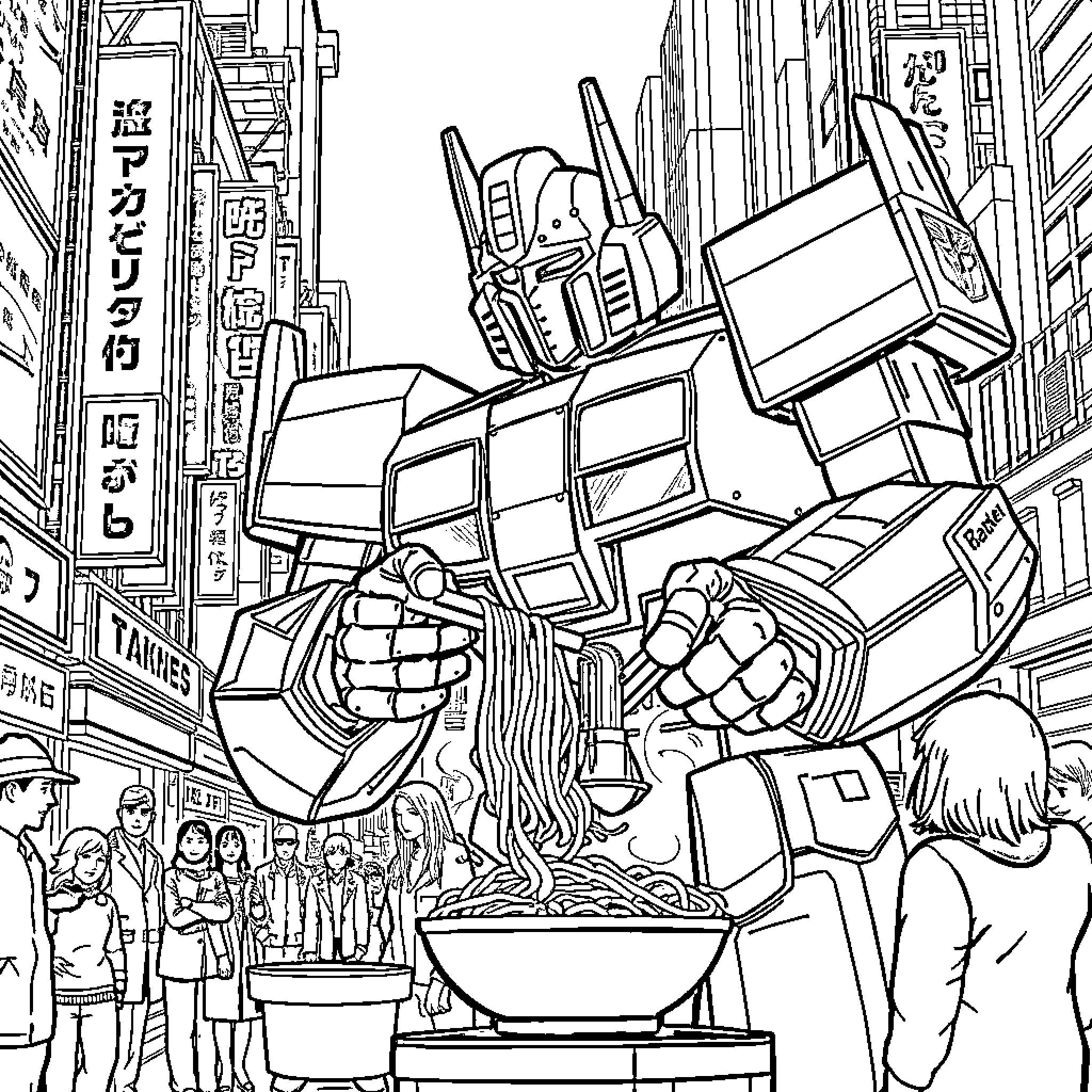 Optimus Prime standing tall among the city streets Coloring Page (free black-and-white line drawing printable PDF for all, from beginners to advanced learners, including children, teens, adults, and seniors)