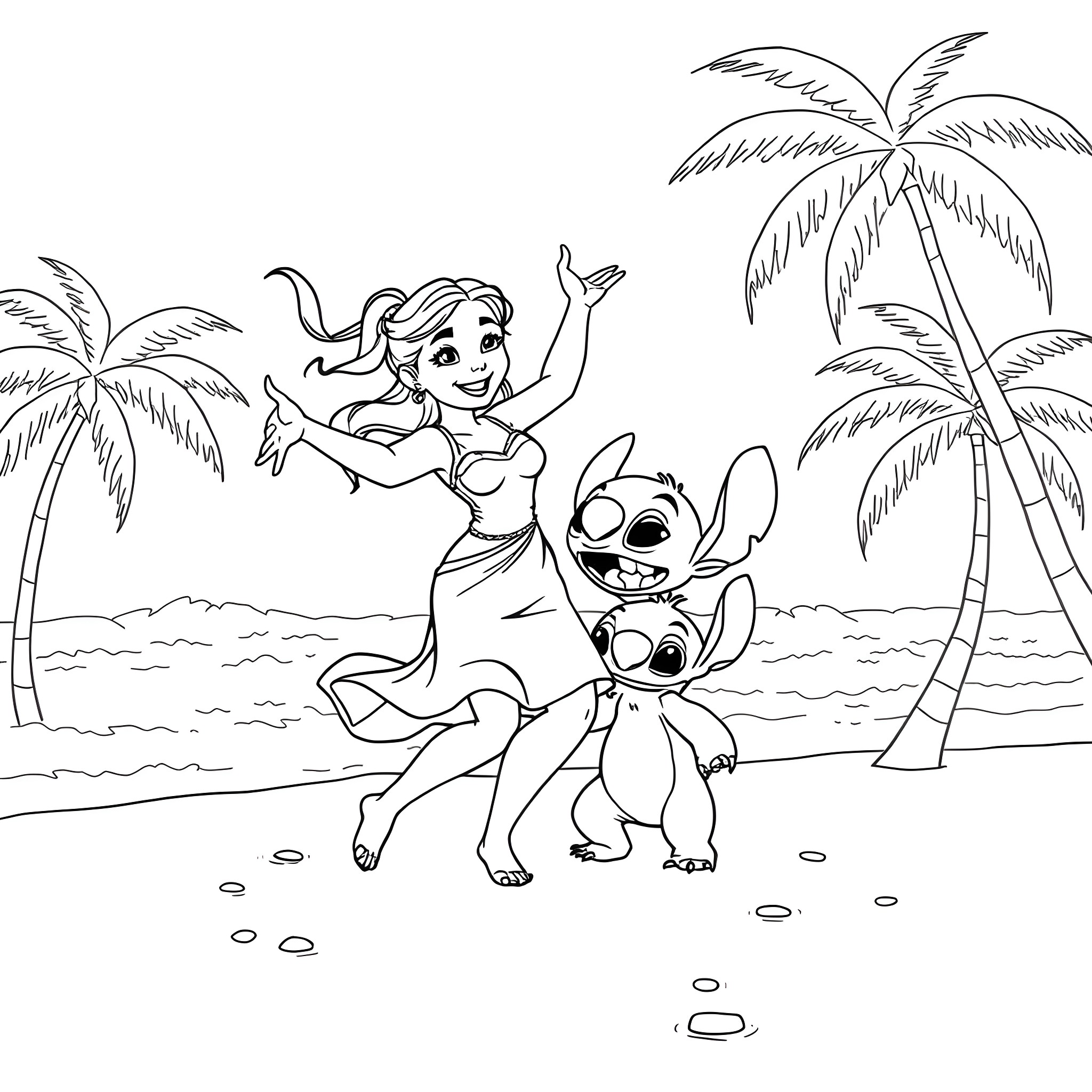 Lilo and Stitch playing on the beach Coloring Page (free black-and-white line drawing printable PDF for all, from beginners to advanced learners, including children, teens, adults, and seniors)