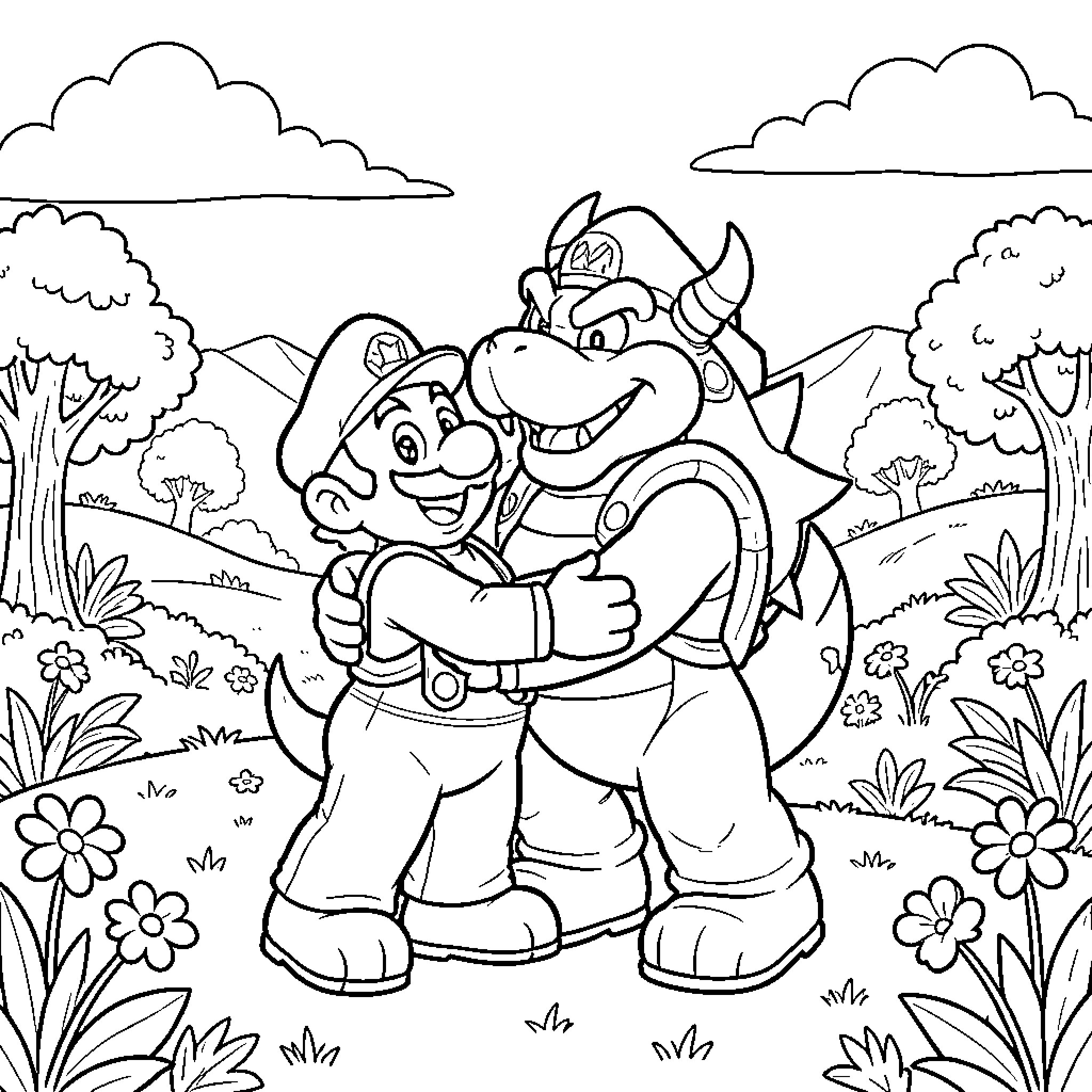 Mario and Bowser playing in the meadow Coloring Page (free black-and-white line drawing printable PDF for all, from beginners to advanced learners, including children, teens, adults, and seniors)