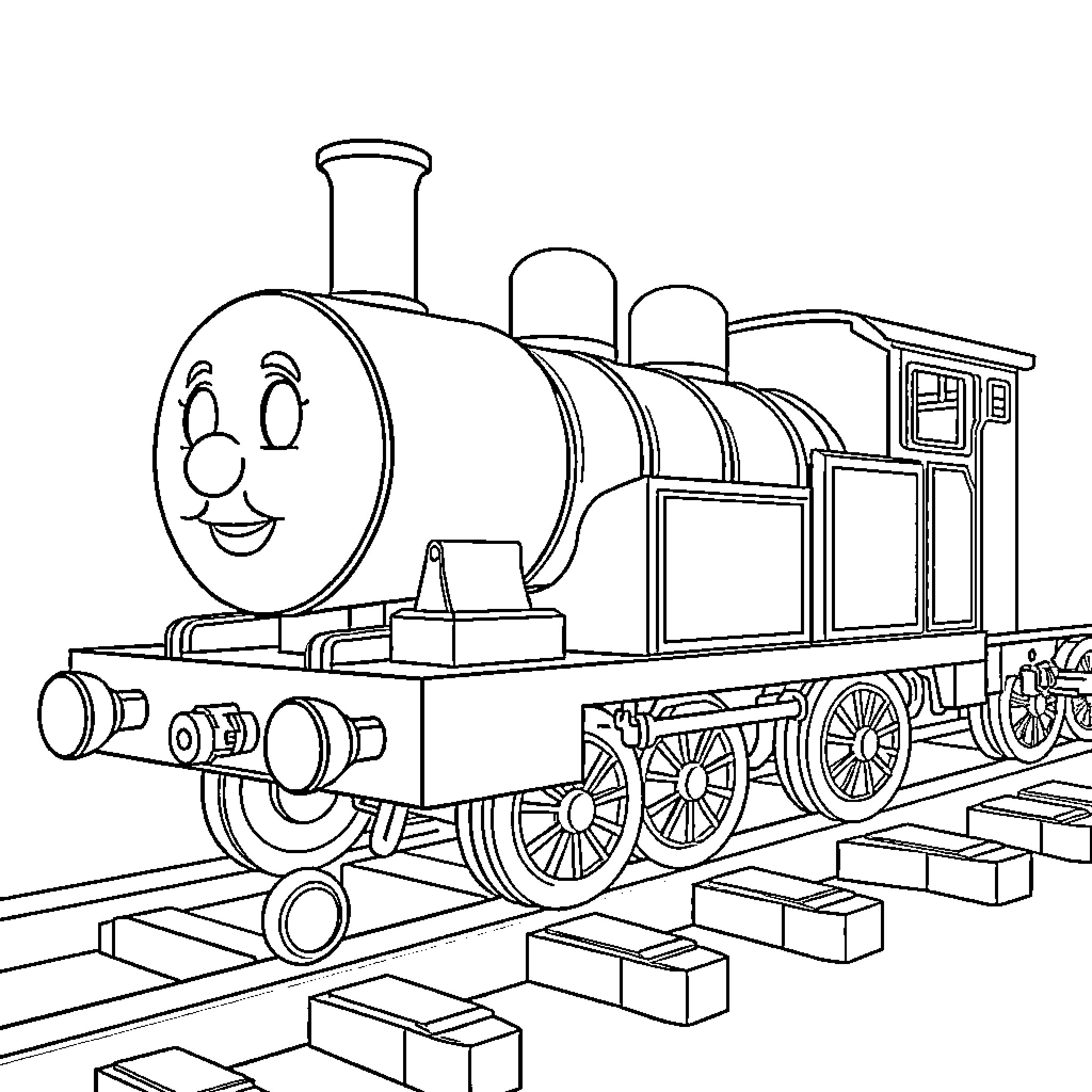 Thomas Linkage's Cheerful Train Adventure Coloring Page (free black-and-white line drawing printable PDF for all, from beginners to advanced learners, including children, teens, adults, and seniors)