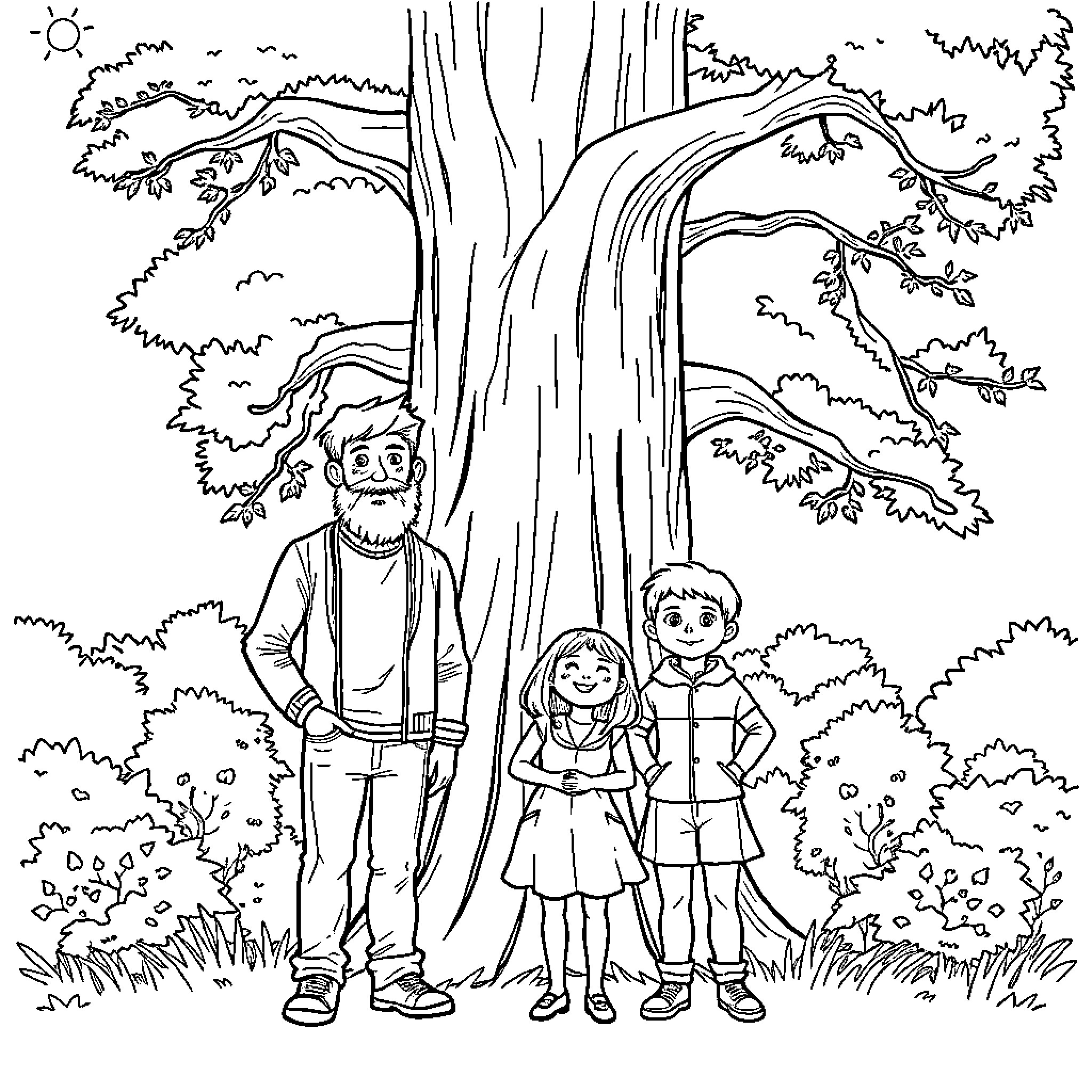 Sibling Trio Explore Enchanting Forest Coloring Page (free black-and-white line drawing printable PDF for all, from beginners to advanced learners, including children, teens, adults, and seniors)