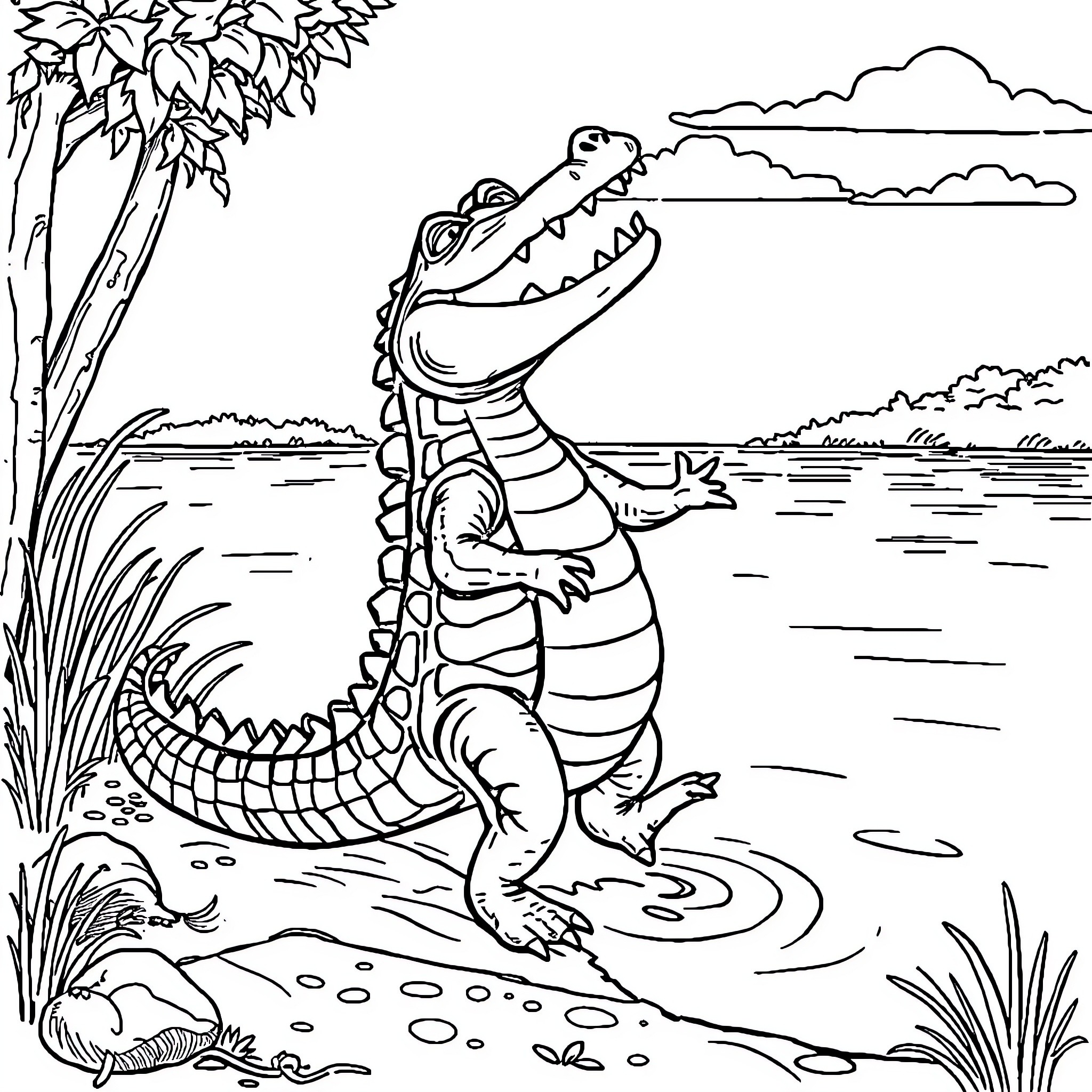 Crocodile enjoying the serene lakeside scenery Coloring Page (free black-and-white line drawing printable PDF for all, from beginners to advanced learners, including children, teens, adults, and seniors)