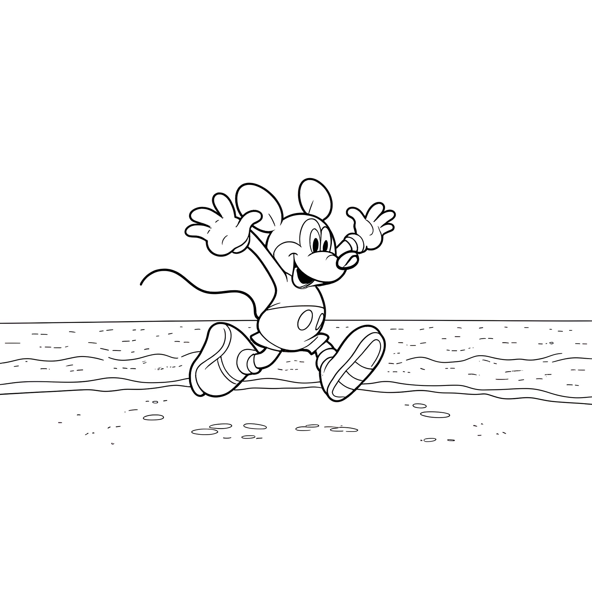 Mickey Mouse running playfully in the water Coloring Page (free black-and-white line drawing printable PDF for all, from beginners to advanced learners, including children, teens, adults, and seniors)