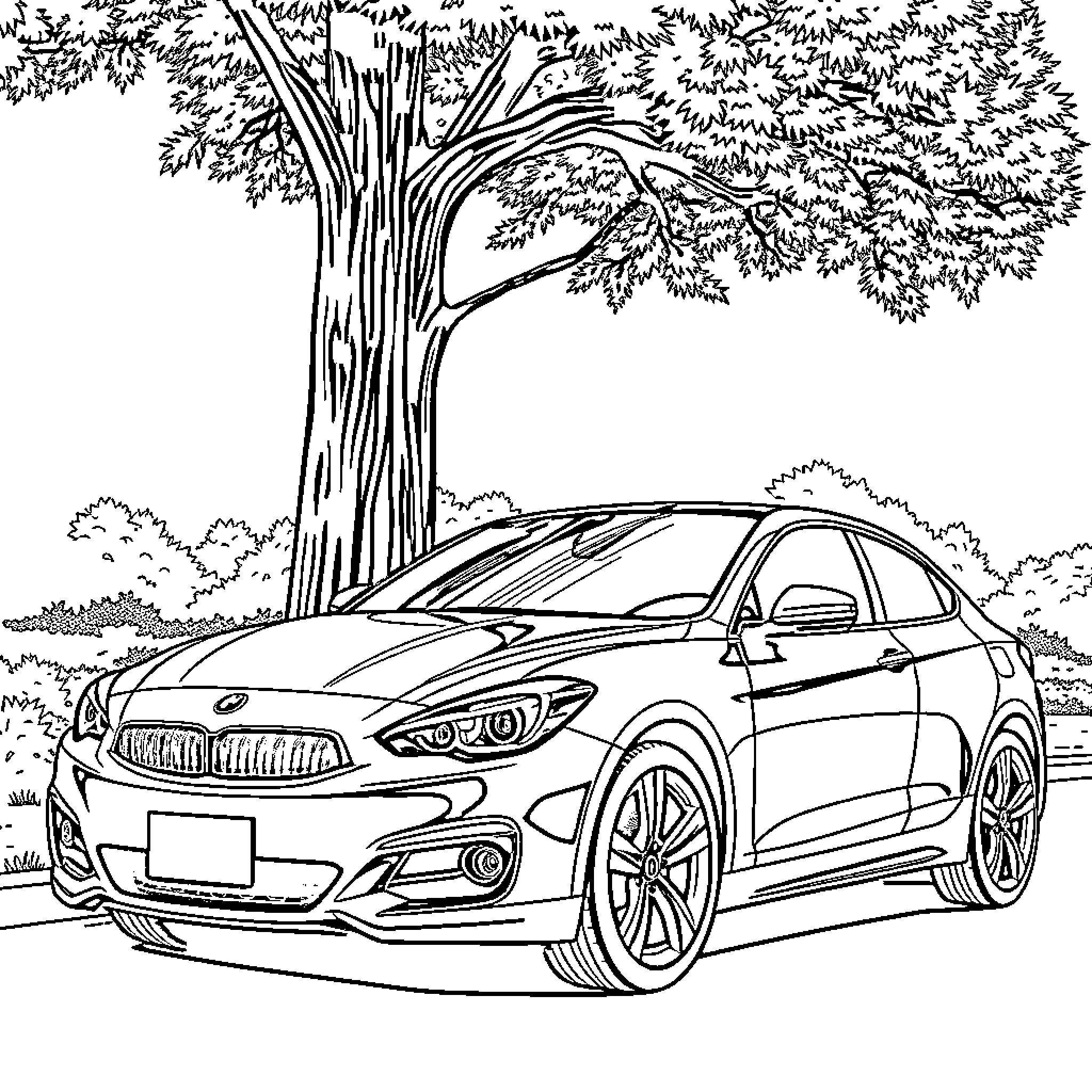Car parked in the forest Coloring Page (free black-and-white line drawing printable PDF for all, from beginners to advanced learners, including children, teens, adults, and seniors)