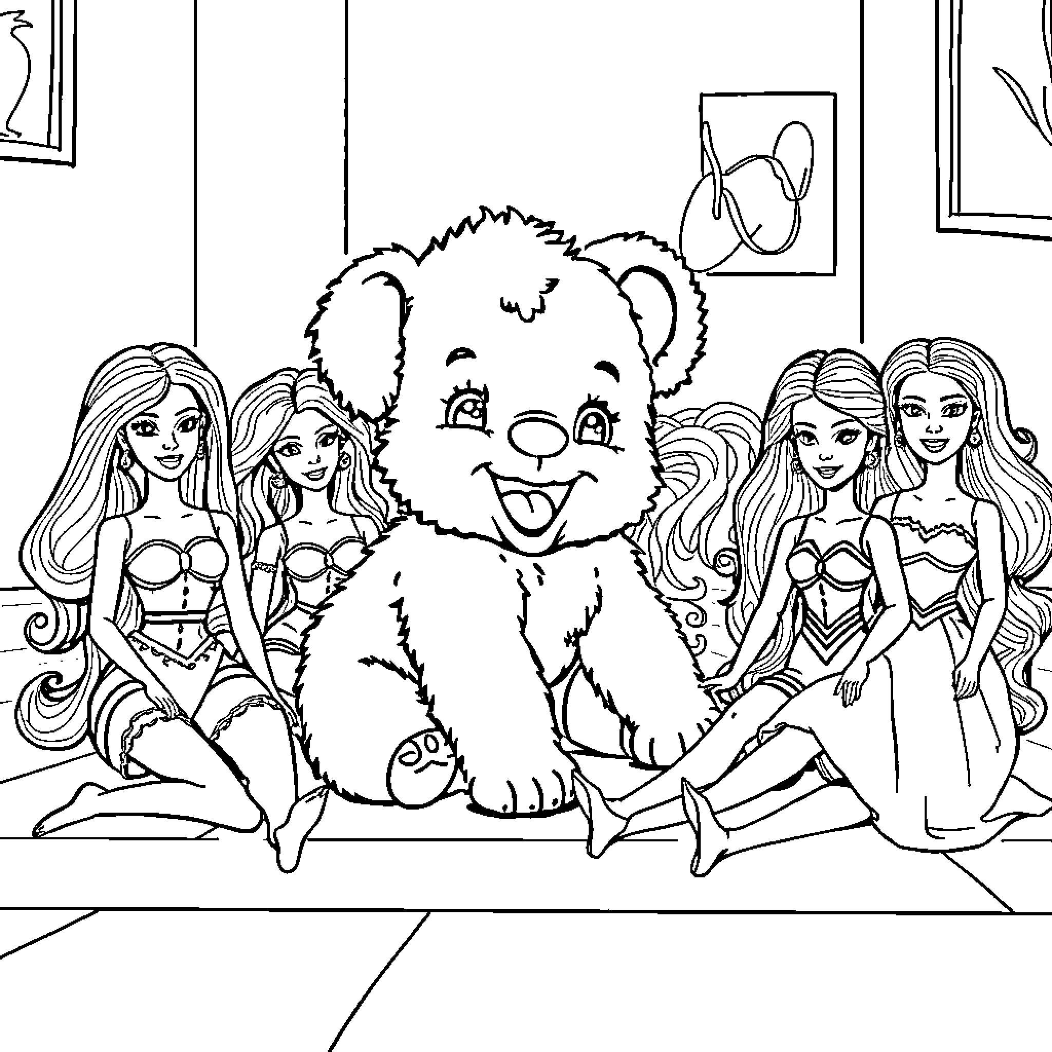 Labubu enjoys time with fashionable friends Coloring Page (free black-and-white line drawing printable PDF for all, from beginners to advanced learners, including children, teens, adults, and seniors)
