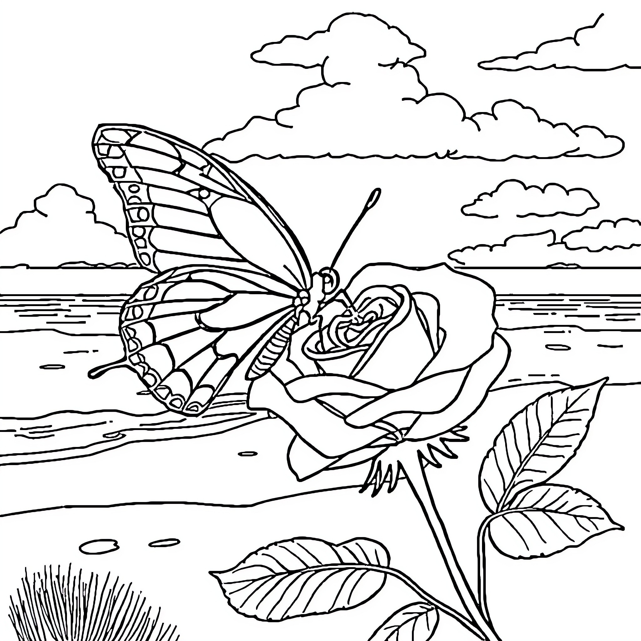 Butterfly resting on a rose by the shore Coloring Page (free black-and-white line drawing printable PDF for all, from beginners to advanced learners, including children, teens, adults, and seniors)