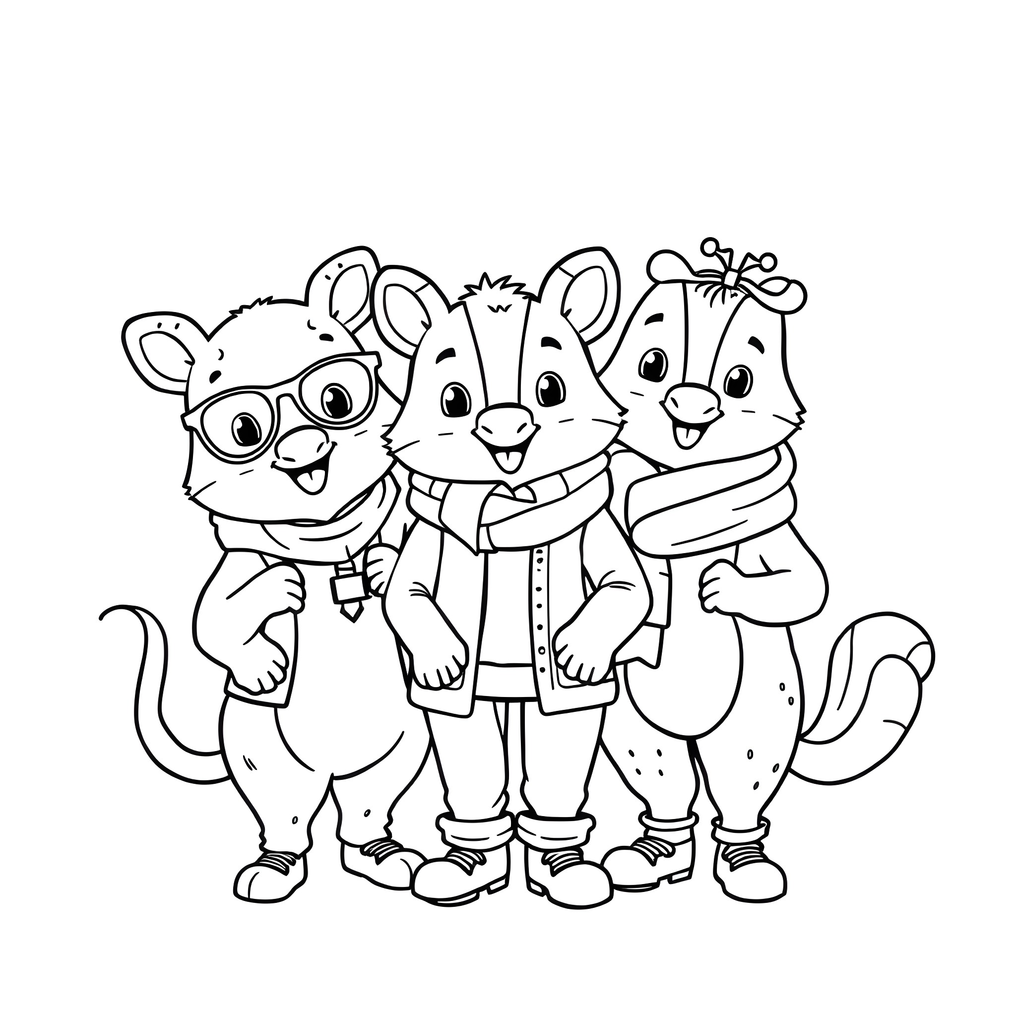 Animal friends posing in casual outfits Coloring Page (free black-and-white line drawing printable PDF for all, from beginners to advanced learners, including children, teens, adults, and seniors)