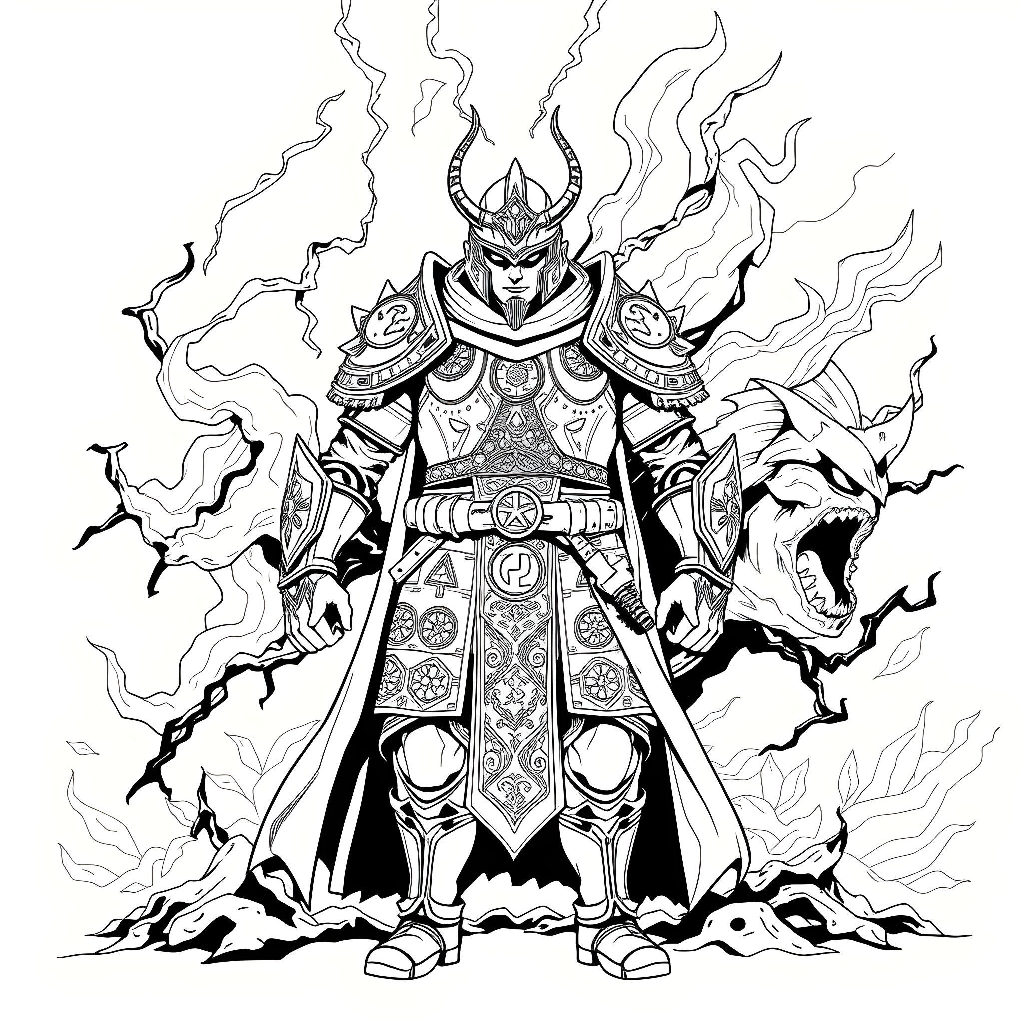 Nemesis - Fearsome Warrior Emitting Mystical Energy Coloring Page (free black-and-white line drawing printable PDF for all, from beginners to advanced learners, including children, teens, adults, and seniors)