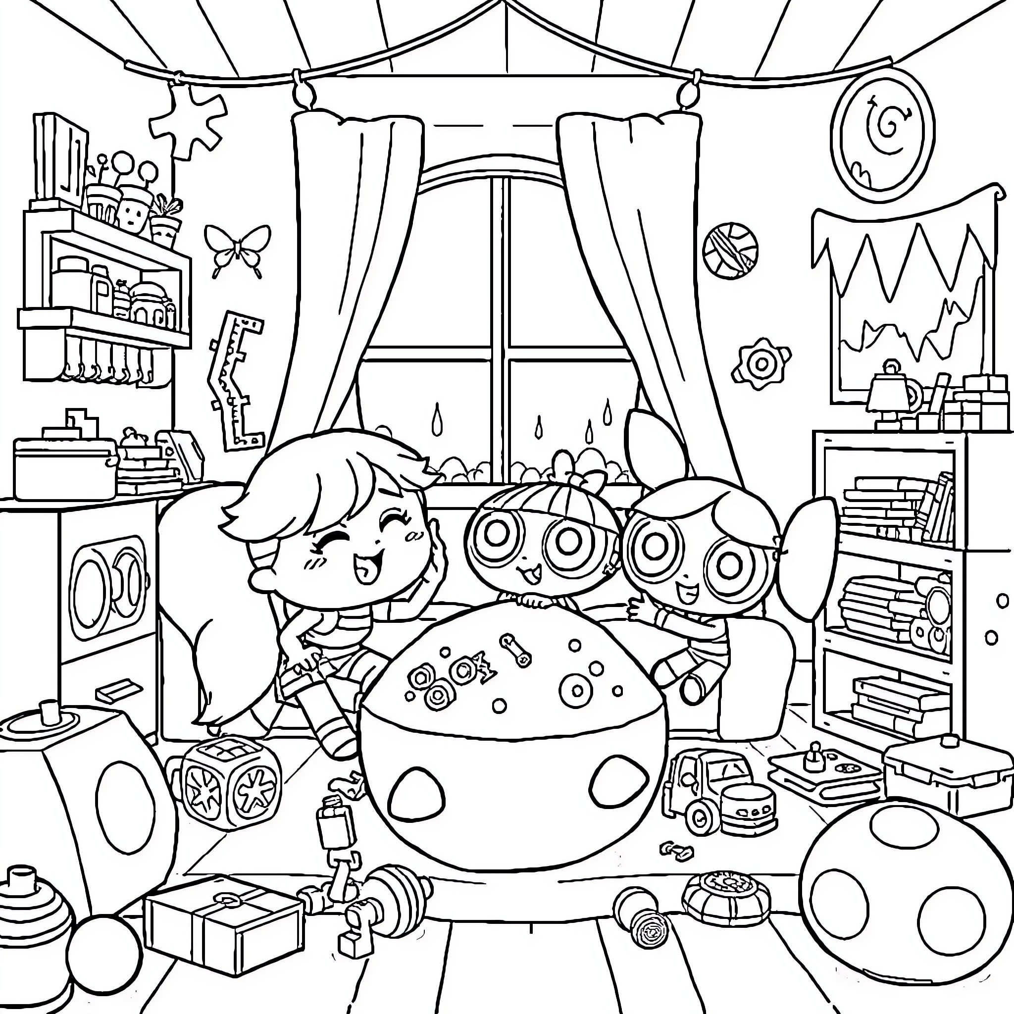 Cocomelon - Child playing with toys in colorful room Coloring Page (free black-and-white line drawing printable PDF for all, from beginners to advanced learners, including children, teens, adults, and seniors)