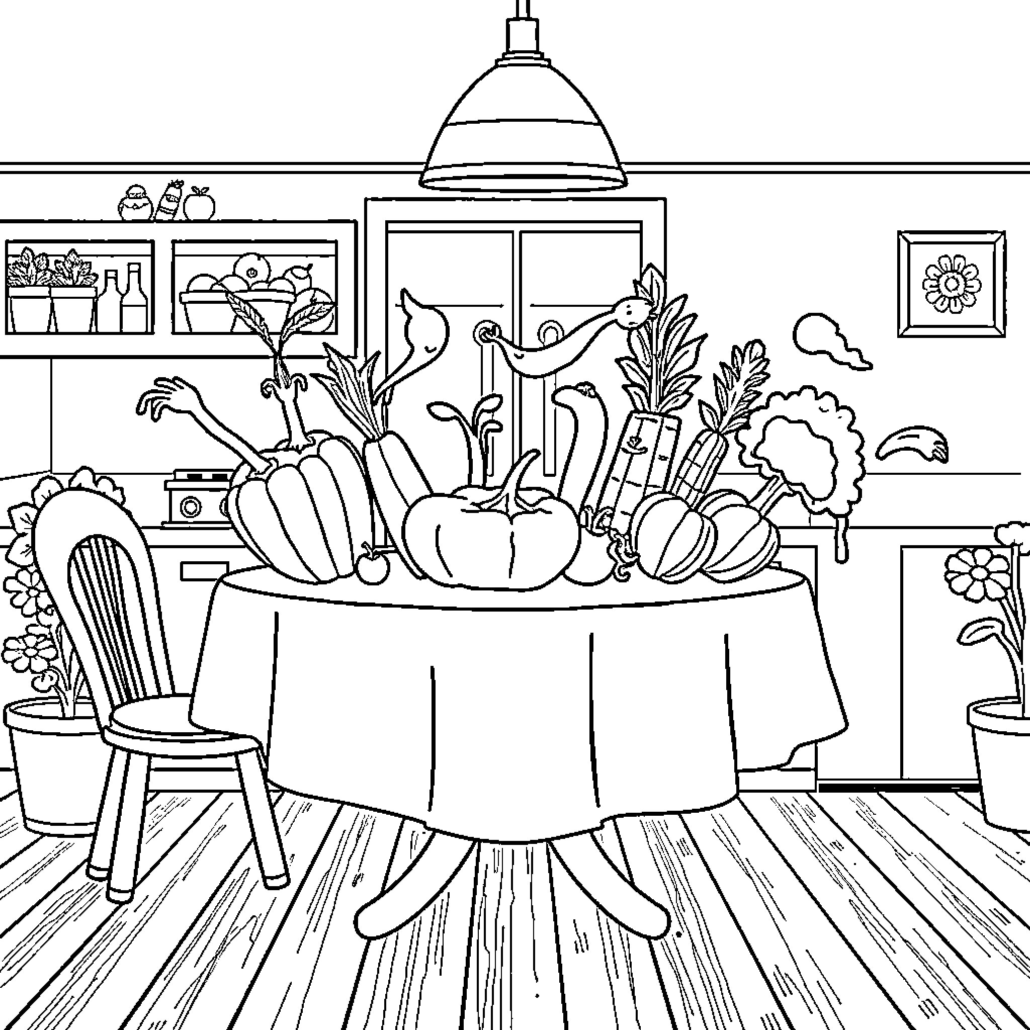 Vegetable Harvest in Cozy Kitchen Coloring Page (free black-and-white line drawing printable PDF for all, from beginners to advanced learners, including children, teens, adults, and seniors)