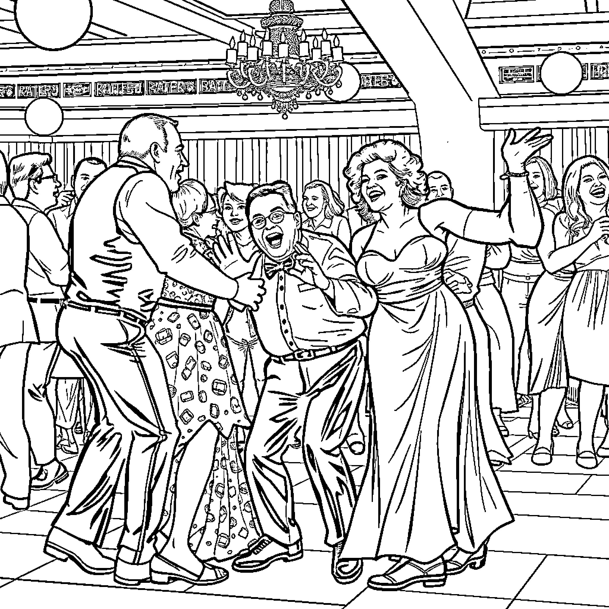 Adult Lively Dance Party in Ballroom Setting Coloring Page (free black-and-white line drawing printable PDF for all, from beginners to advanced learners, including children, teens, adults, and seniors)