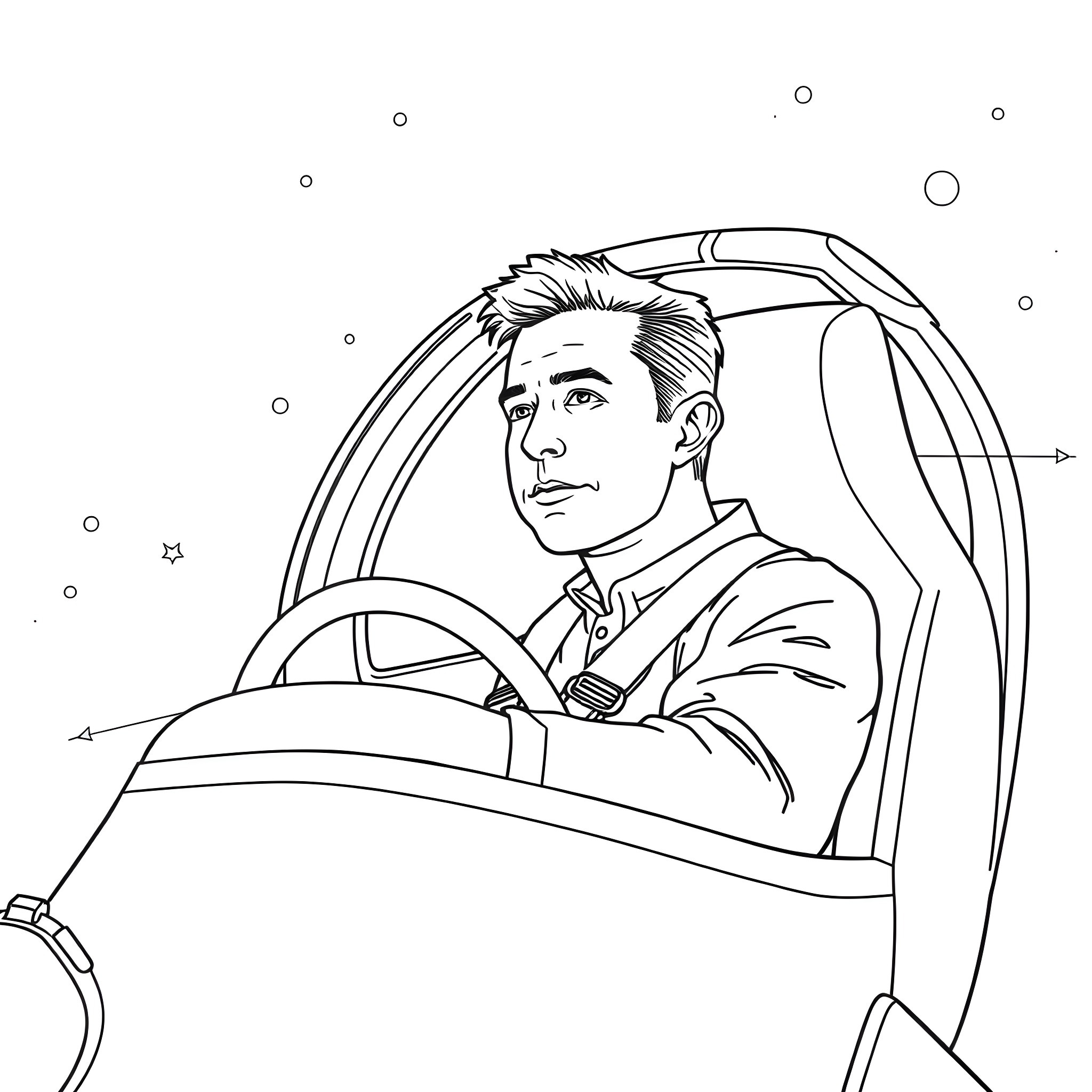 Rocket pilot steering through the galaxy Coloring Page (free black-and-white line drawing printable PDF for all, from beginners to advanced learners, including children, teens, adults, and seniors)