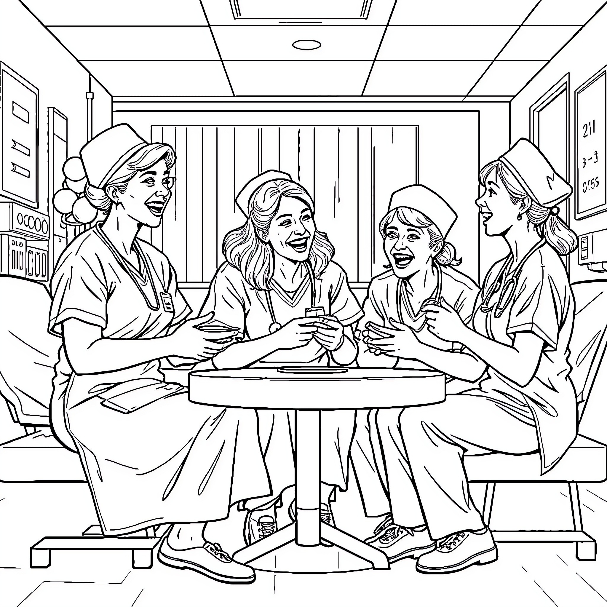 Nurse team discussing patient care in hospital Coloring Page (free black-and-white line drawing printable PDF for all, from beginners to advanced learners, including children, teens, adults, and seniors)