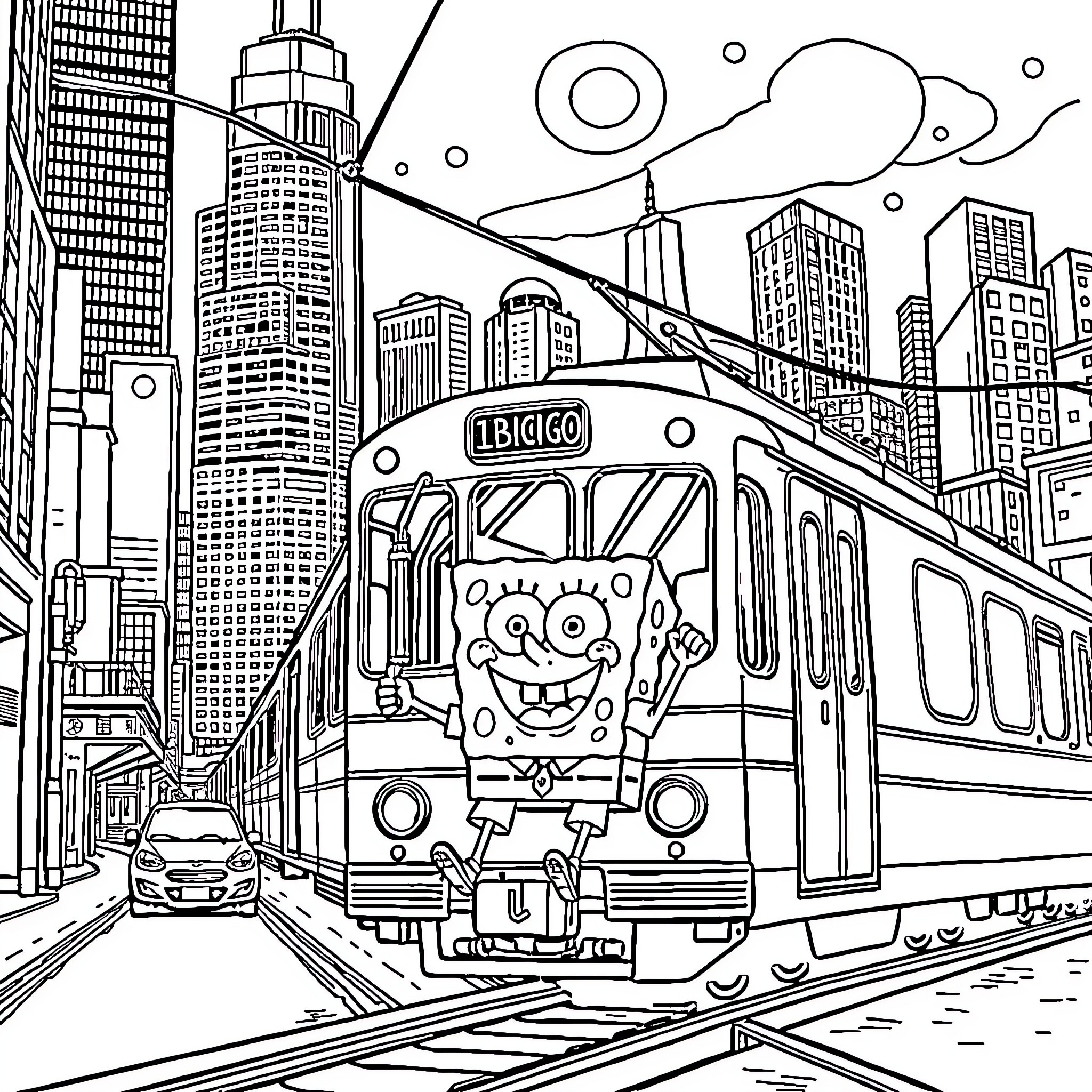 Spongebob's Cityscape Adventure Coloring Page (free black-and-white line drawing printable PDF for all, from beginners to advanced learners, including children, teens, adults, and seniors)