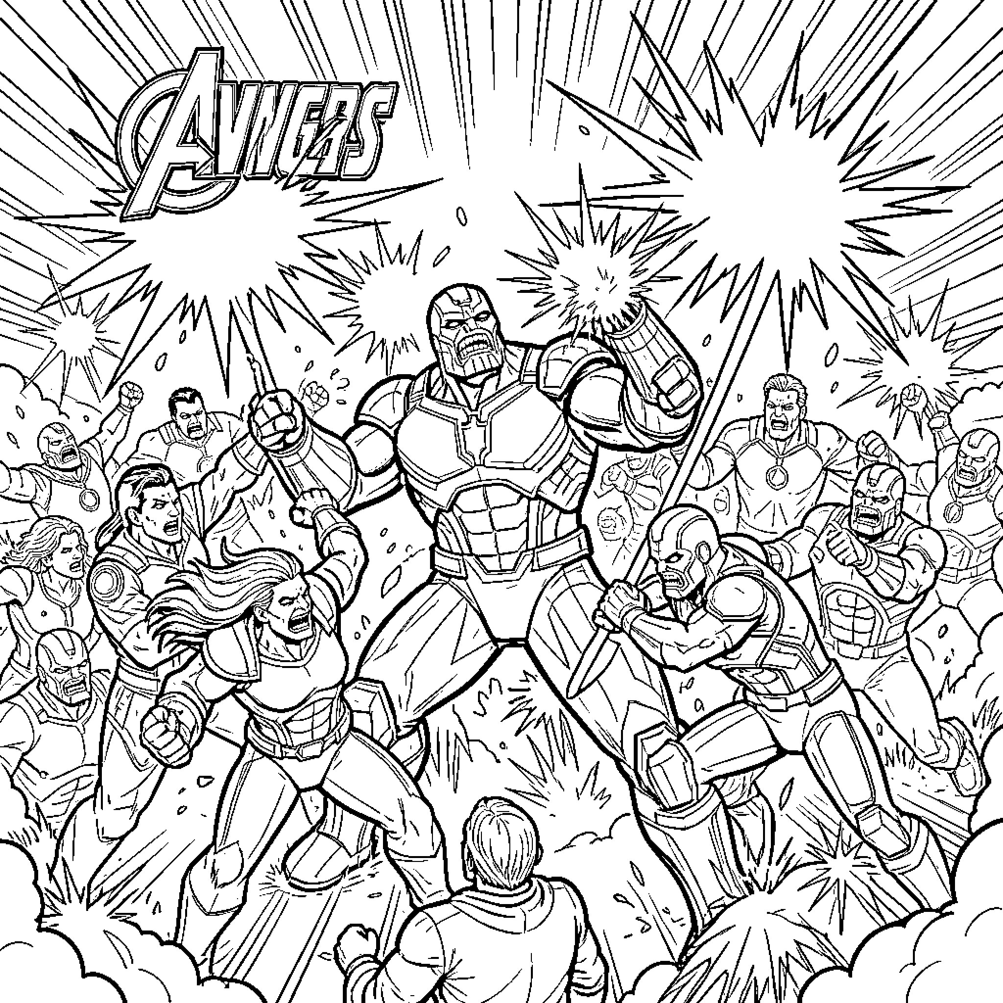 Avenger heroes in epic battle formation Coloring Page (free black-and-white line drawing printable PDF for all, from beginners to advanced learners, including children, teens, adults, and seniors)