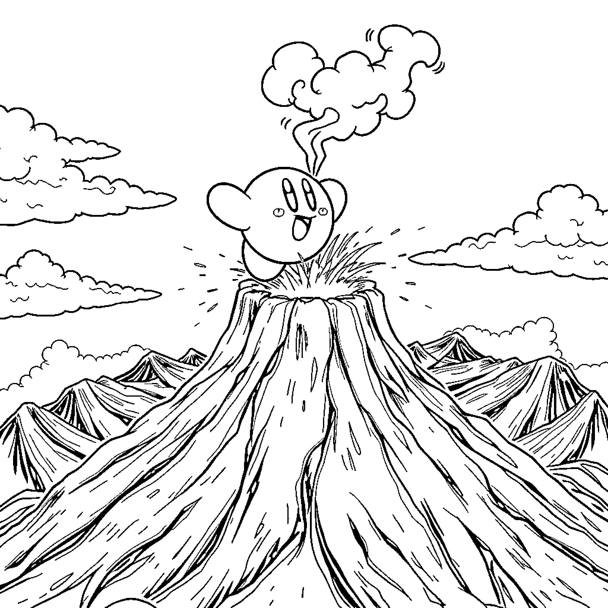 Kirby exploring a dramatic volcanic landscape Coloring Page (free black-and-white line drawing printable PDF for all, from beginners to advanced learners, including children, teens, adults, and seniors)