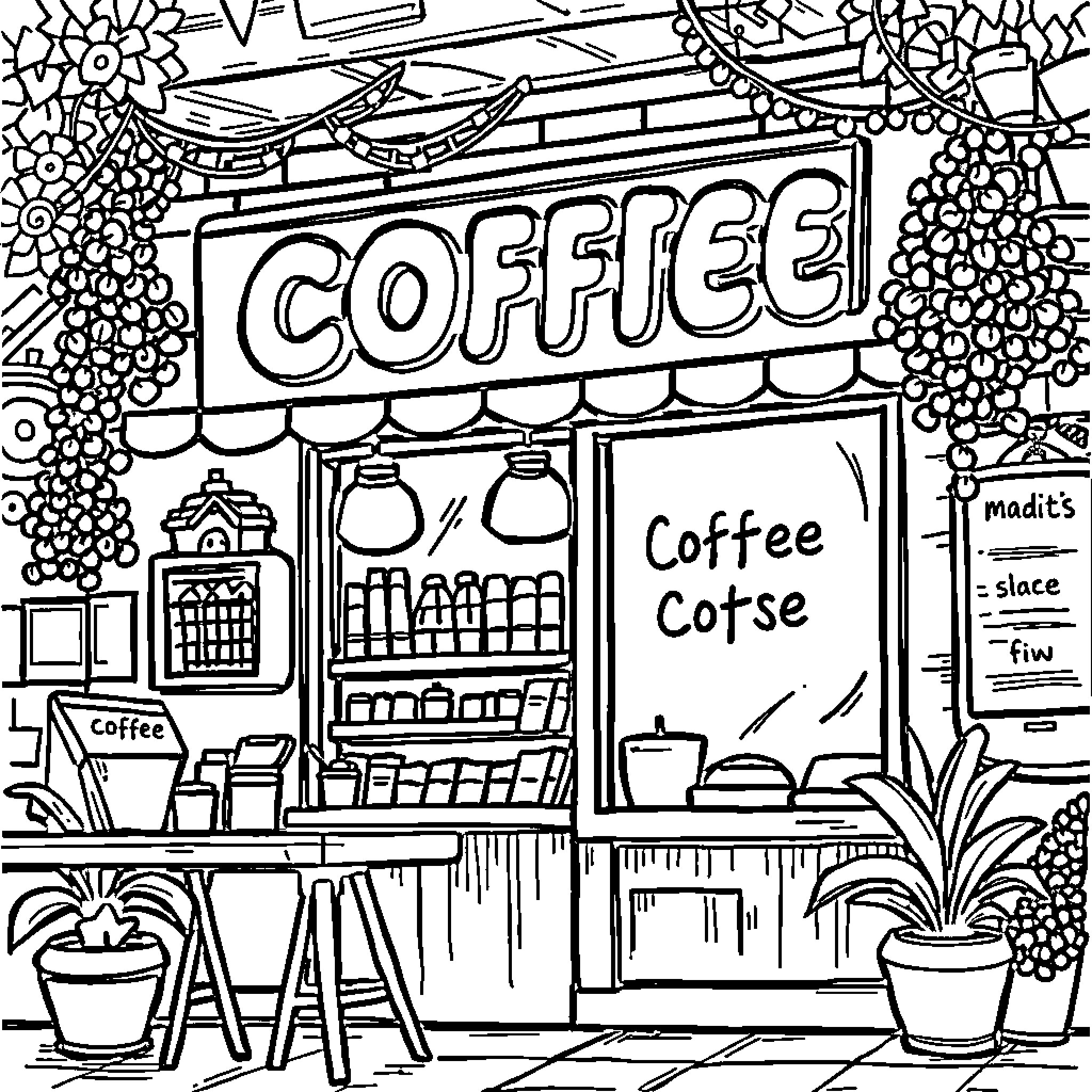 Coffee Shop with Cozy Ambiance and Inviting Decor Coloring Page (free black-and-white line drawing printable PDF for all, from beginners to advanced learners, including children, teens, adults, and seniors)