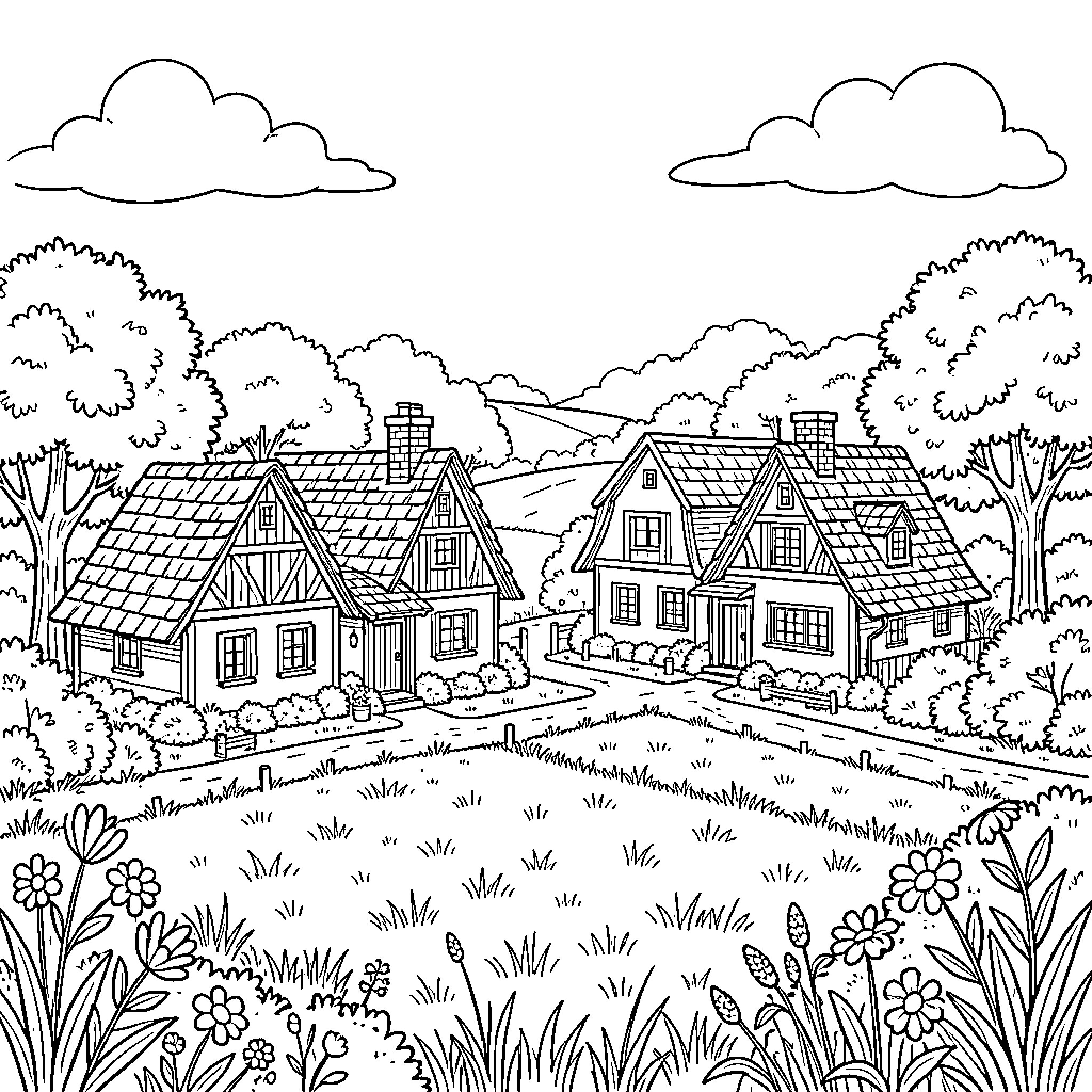 Village Scenes of Quaint Houses and Lush Greenery Coloring Page (free black-and-white line drawing printable PDF for all, from beginners to advanced learners, including children, teens, adults, and seniors)