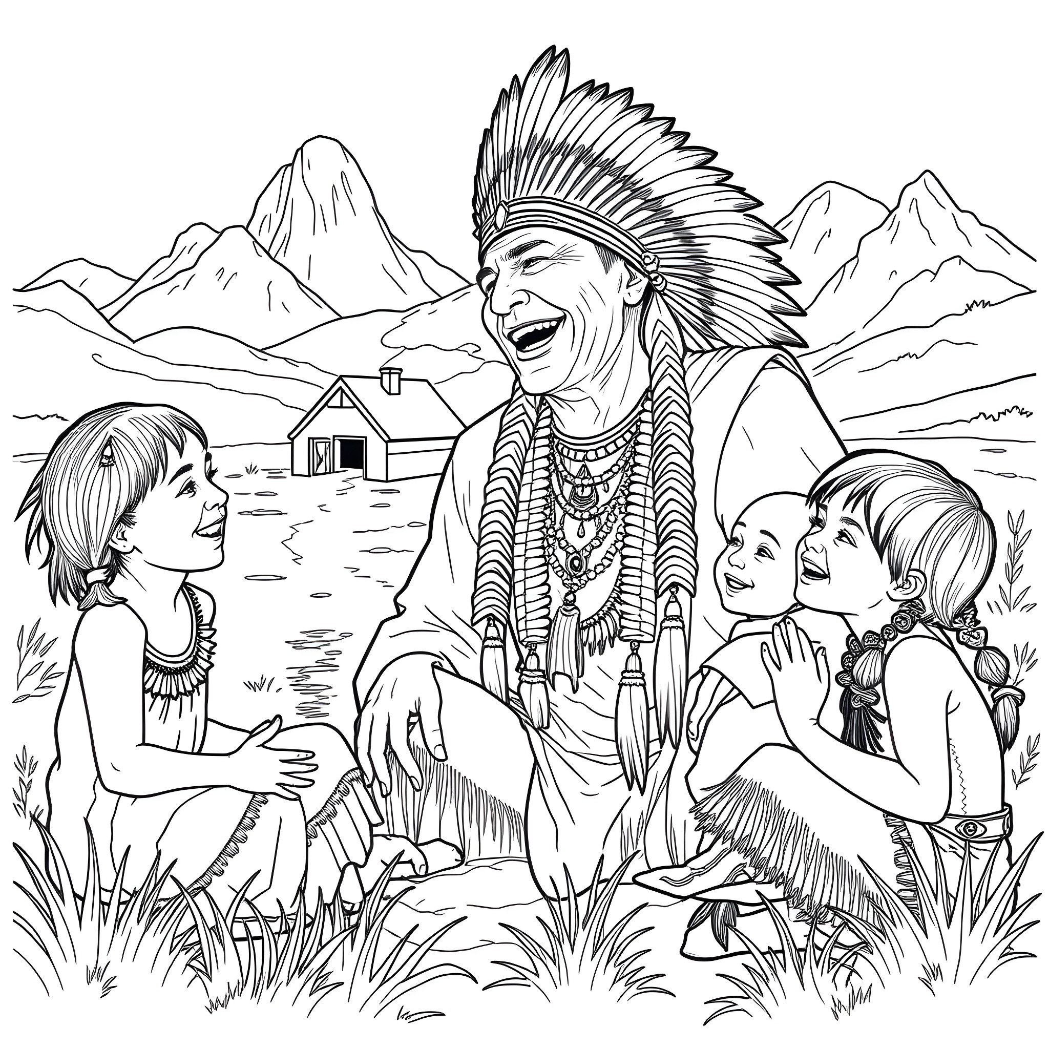 Geronimo's Friendly Encounter with Native Children Coloring Page (free black-and-white line drawing printable PDF for all, from beginners to advanced learners, including children, teens, adults, and seniors)
