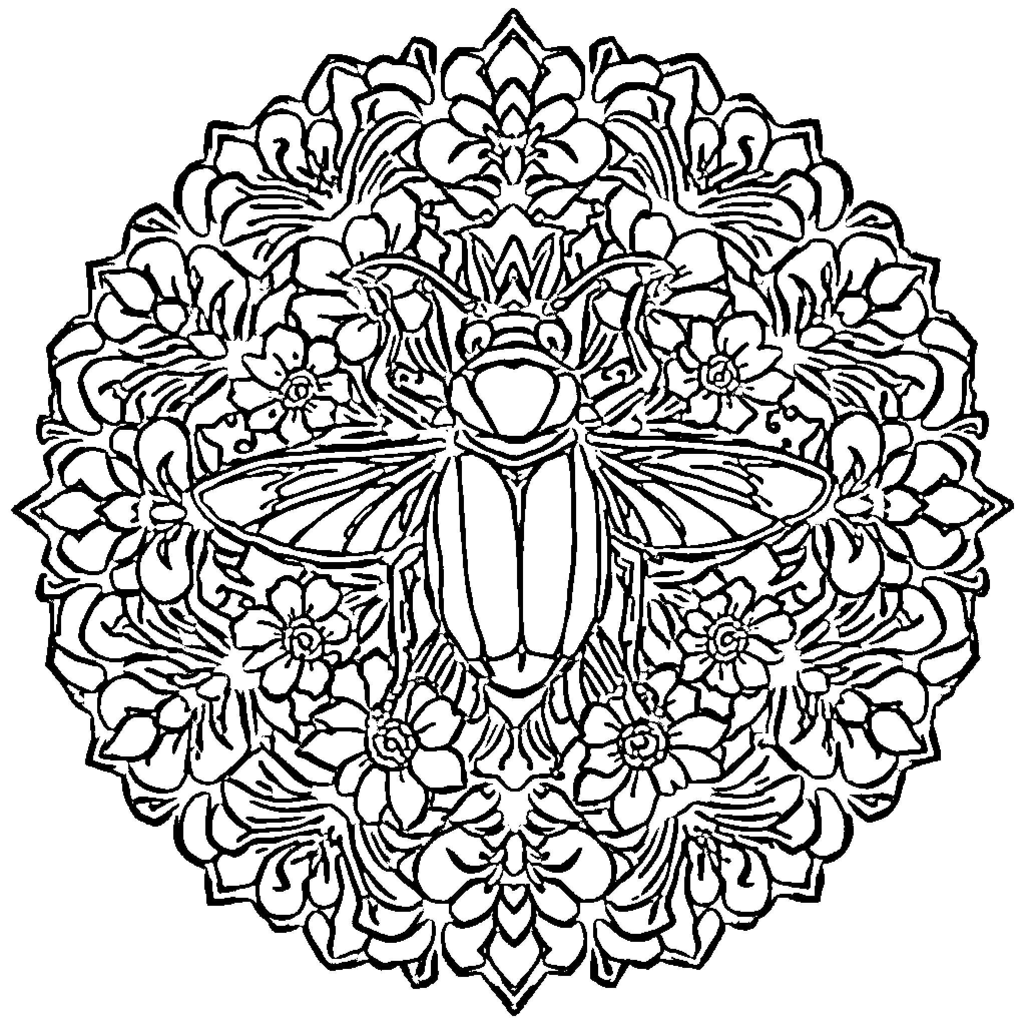 Insect adorned with intricate floral pattern Coloring Page (free black-and-white line drawing printable PDF for all, from beginners to advanced learners, including children, teens, adults, and seniors)
