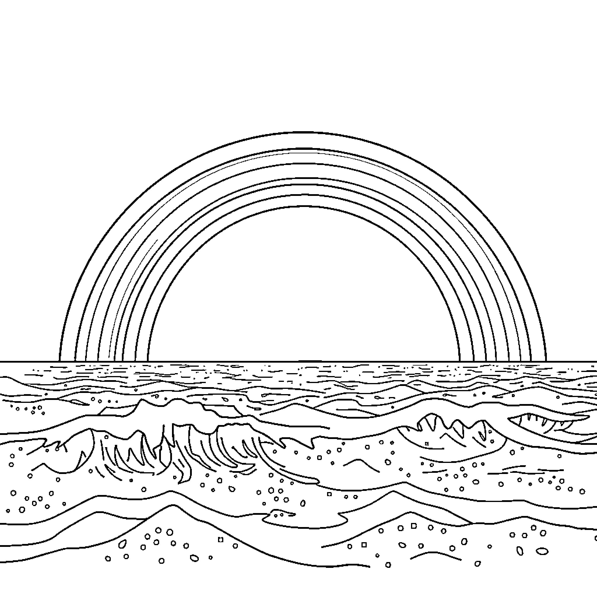 Rainbow arching over serene ocean waves Coloring Page (free black-and-white line drawing printable PDF for all, from beginners to advanced learners, including children, teens, adults, and seniors)