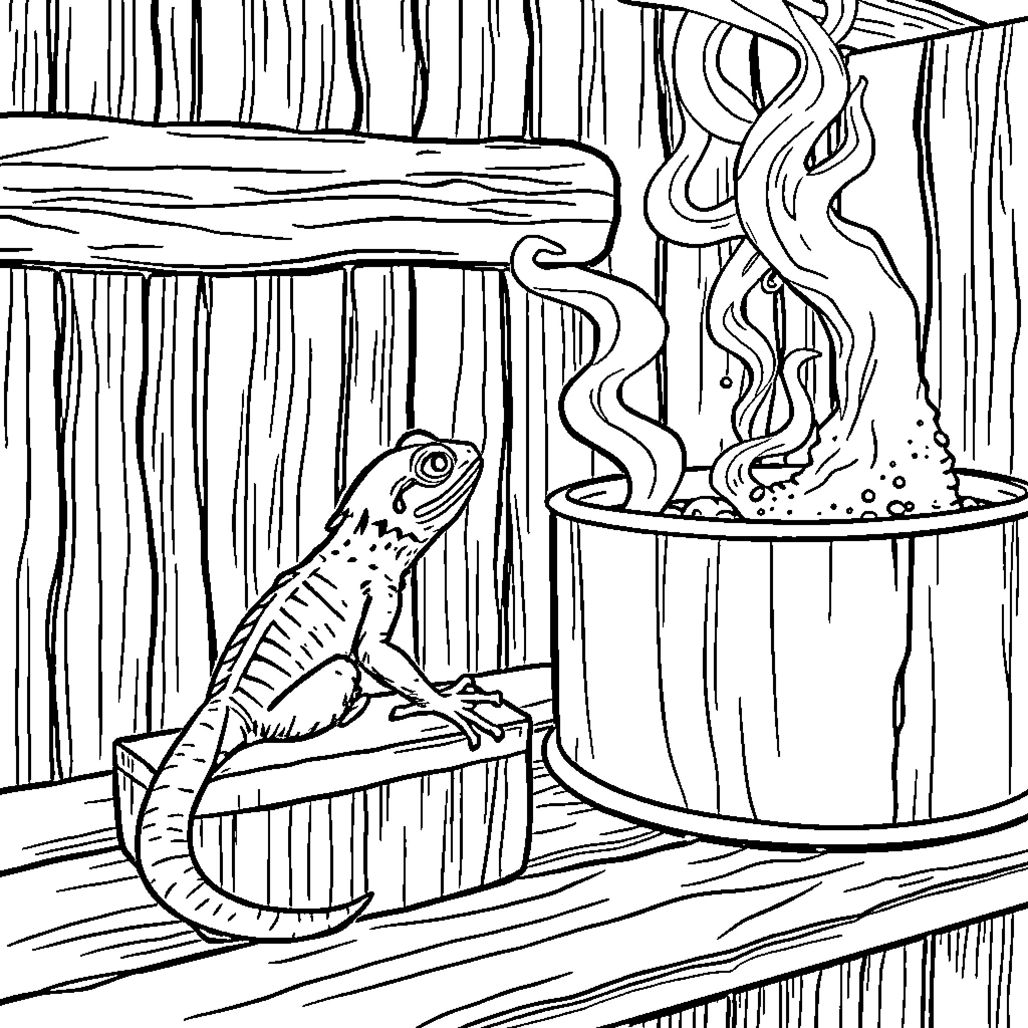 Gecko exploring wooden shed with steaming pot Coloring Page (free black-and-white line drawing printable PDF for all, from beginners to advanced learners, including children, teens, adults, and seniors)