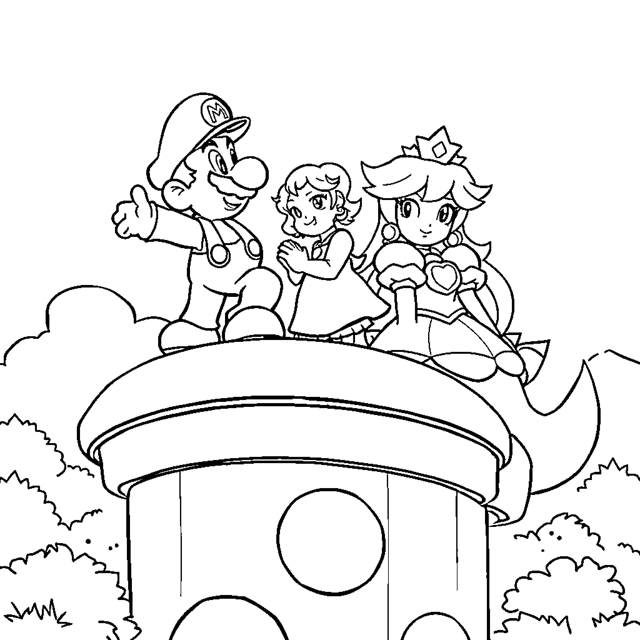 Mario and Friends on a Platforming Adventure Coloring Page (free black-and-white line drawing printable PDF for all, from beginners to advanced learners, including children, teens, adults, and seniors)