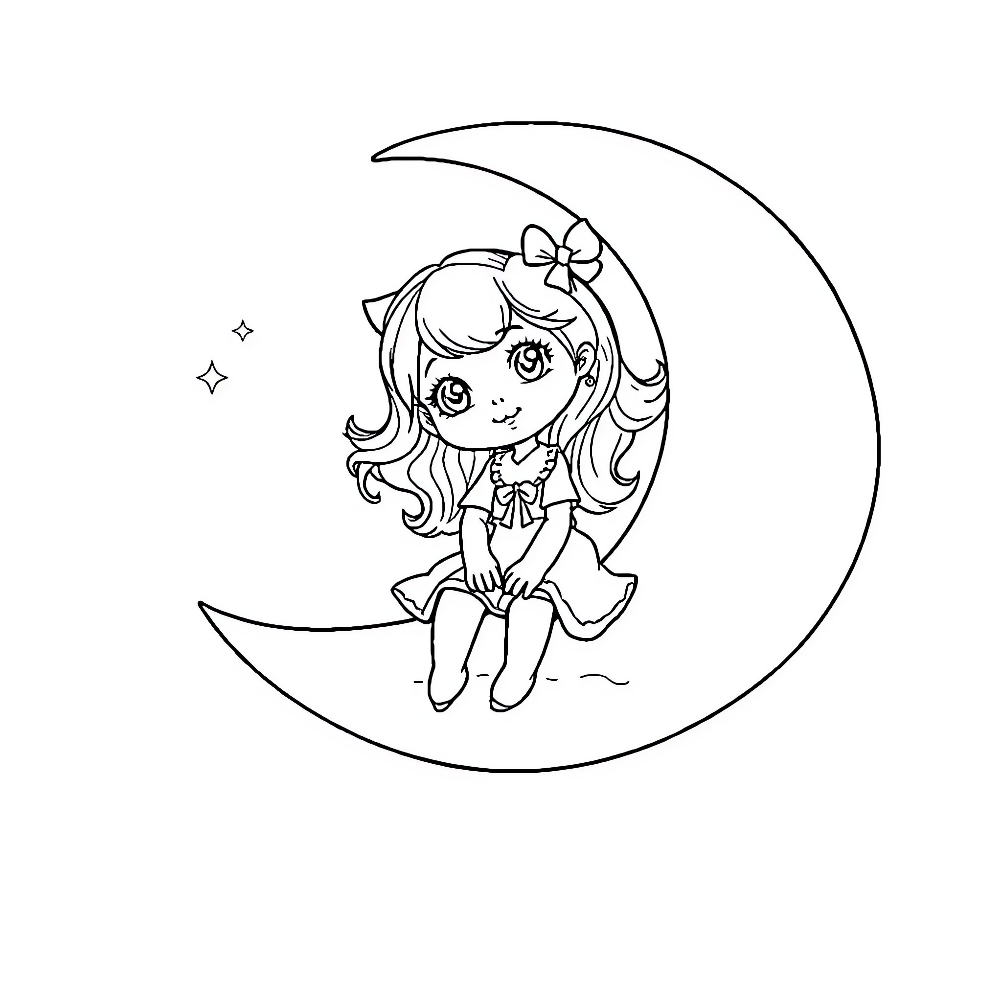 Gaby sitting on a crescent moon Coloring Page (free black-and-white line drawing printable PDF for all, from beginners to advanced learners, including children, teens, adults, and seniors)