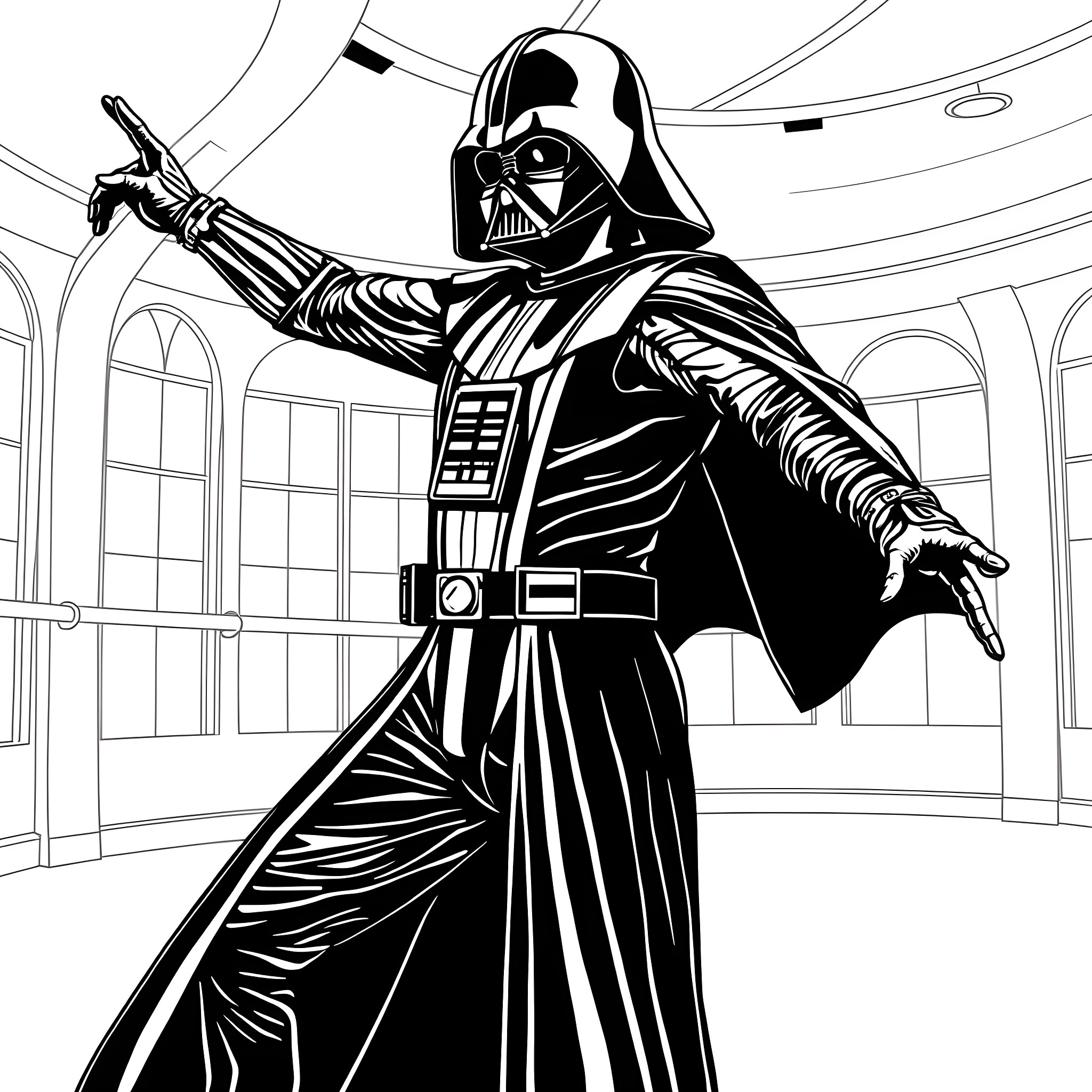 Darth Vader, the Iconic Sith Lord, in Action Coloring Page (free black-and-white line drawing printable PDF for all, from beginners to advanced learners, including children, teens, adults, and seniors)