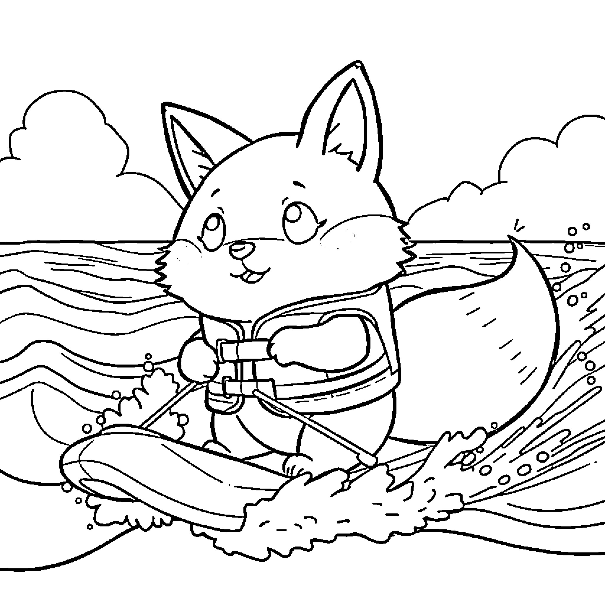 Fox enjoying water adventure with lifejacket Coloring Page (free black-and-white line drawing printable PDF for all, from beginners to advanced learners, including children, teens, adults, and seniors)