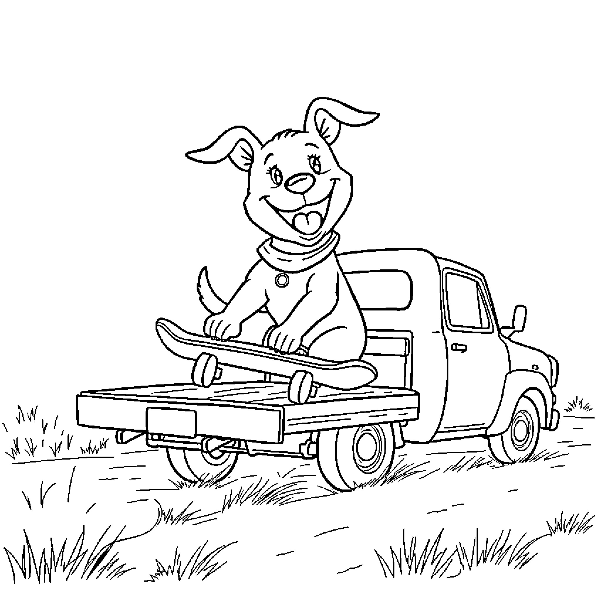 Dog riding happily on the back of a truck Coloring Page (free black-and-white line drawing printable PDF for all, from beginners to advanced learners, including children, teens, adults, and seniors)