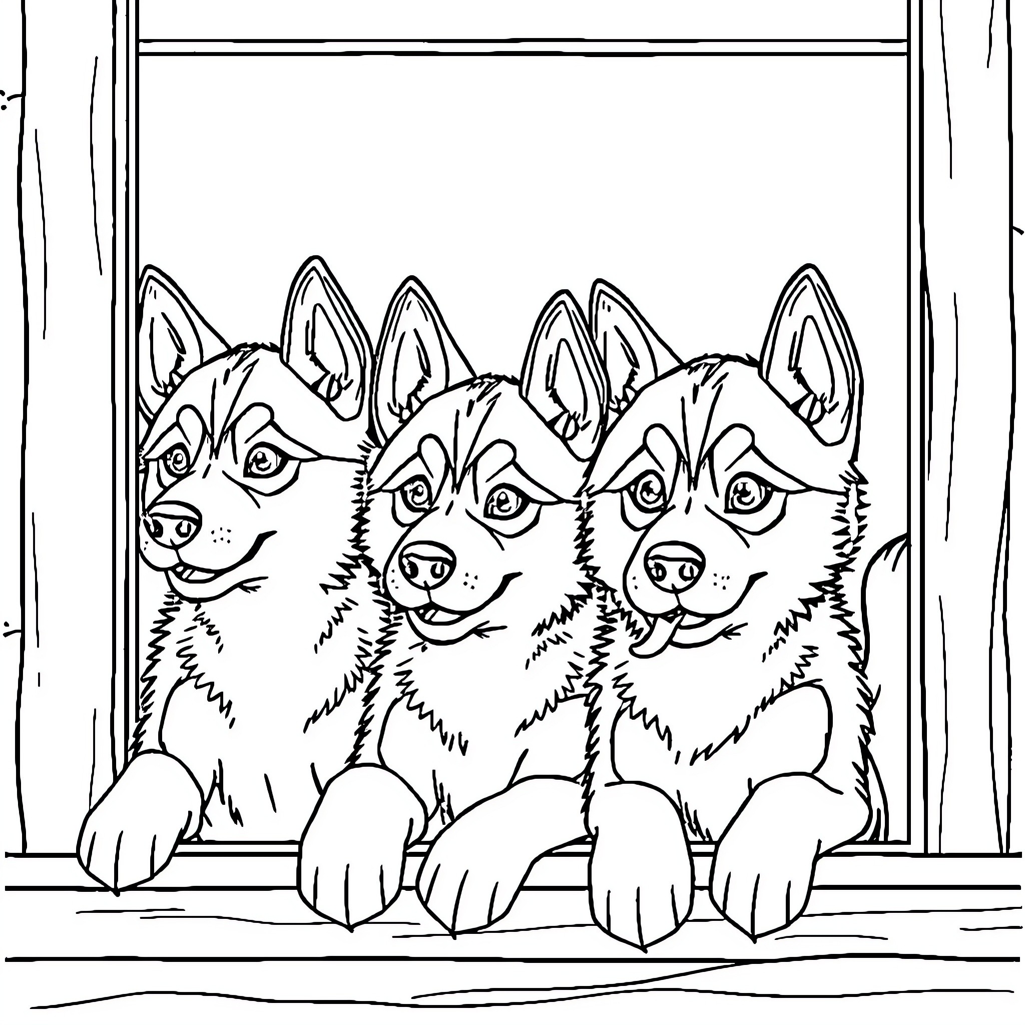 Husky puppies posing for a picture Coloring Page (free black-and-white line drawing printable PDF for all, from beginners to advanced learners, including children, teens, adults, and seniors)