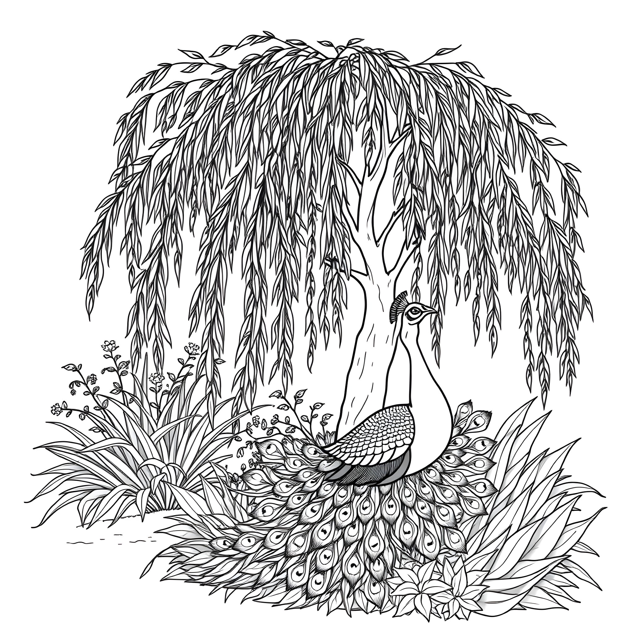 Willow Tree with Majestic Peacock in Lush Foliage Coloring Page (free black-and-white line drawing printable PDF for all, from beginners to advanced learners, including children, teens, adults, and seniors)