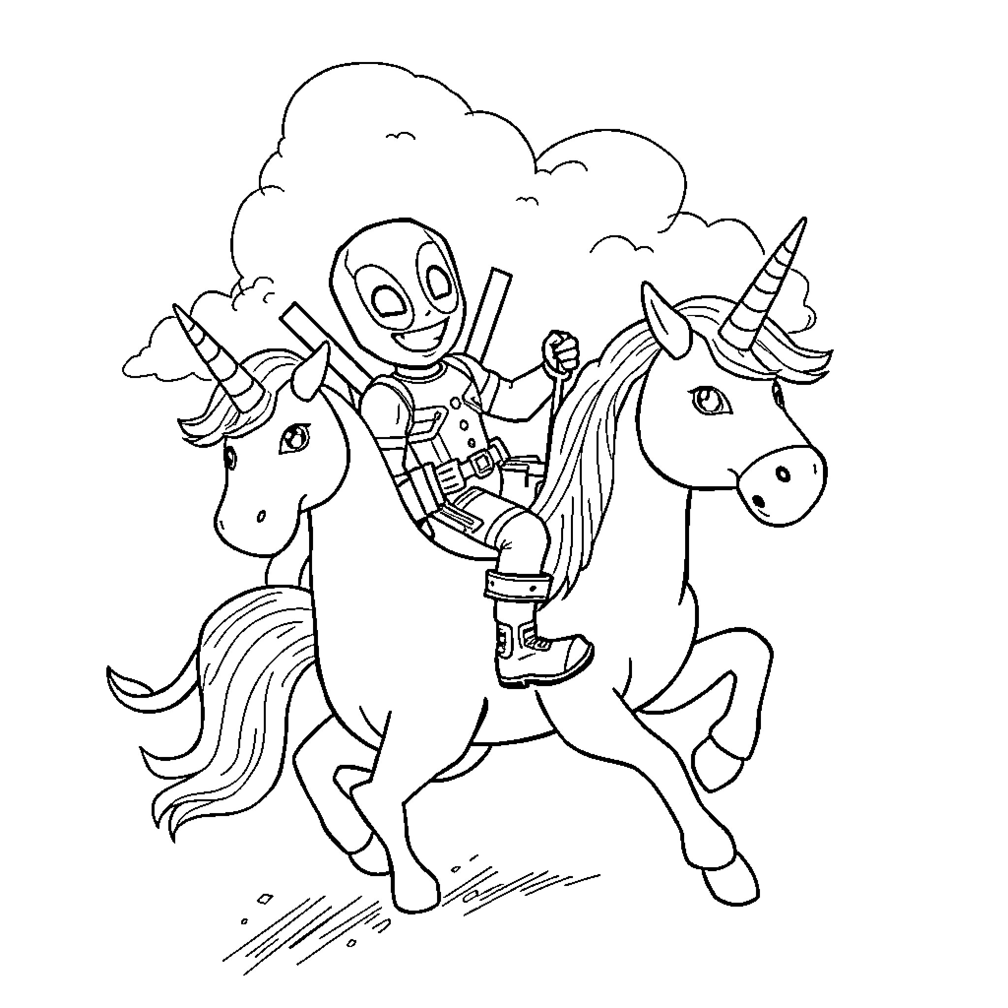 Deadpool riding a unicorn with excitement Coloring Page (free black-and-white line drawing printable PDF for all, from beginners to advanced learners, including children, teens, adults, and seniors)