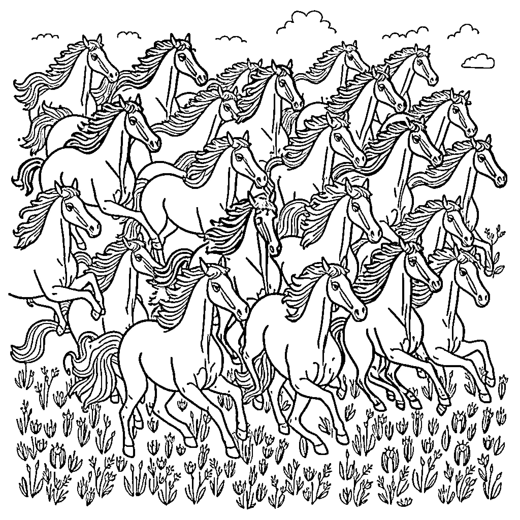 Horse herd galloping through the meadow Coloring Page (free black-and-white line drawing printable PDF for all, from beginners to advanced learners, including children, teens, adults, and seniors)