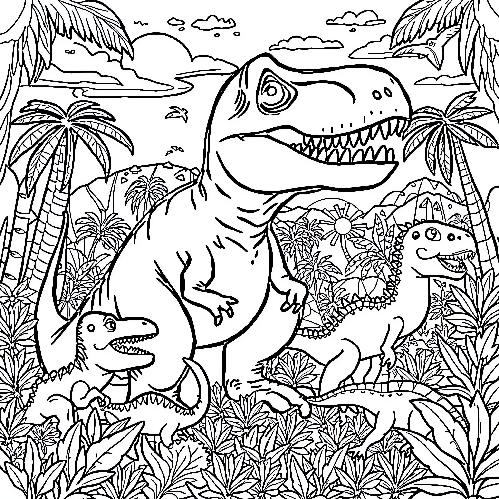 T-Rex Roaring in Prehistoric Jungle Coloring Page (free black-and-white line drawing printable PDF for all, from beginners to advanced learners, including children, teens, adults, and seniors)